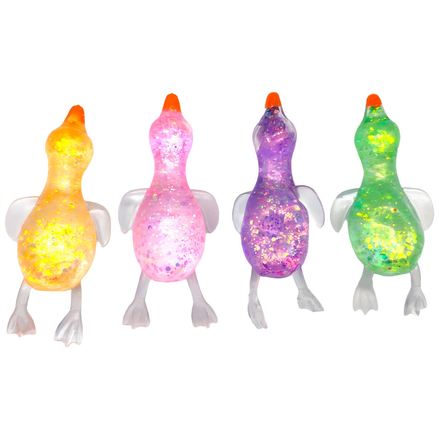 Four colorful duck-shaped lights on a white background