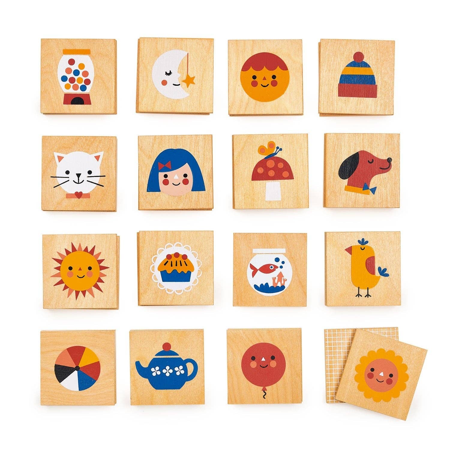 Set of wooden blocks with colorful illustrations on a white background