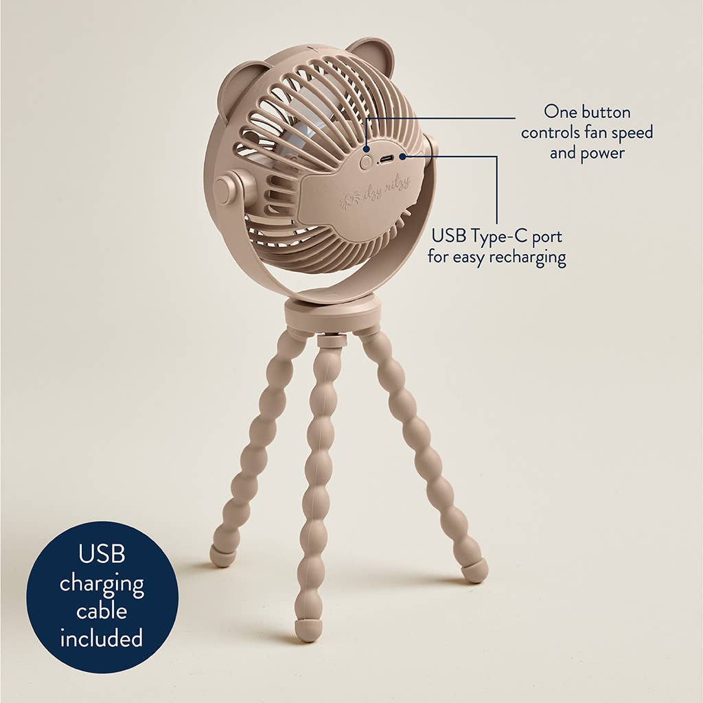 Portable fan with tripod stand on a beige background, featuring text labels.