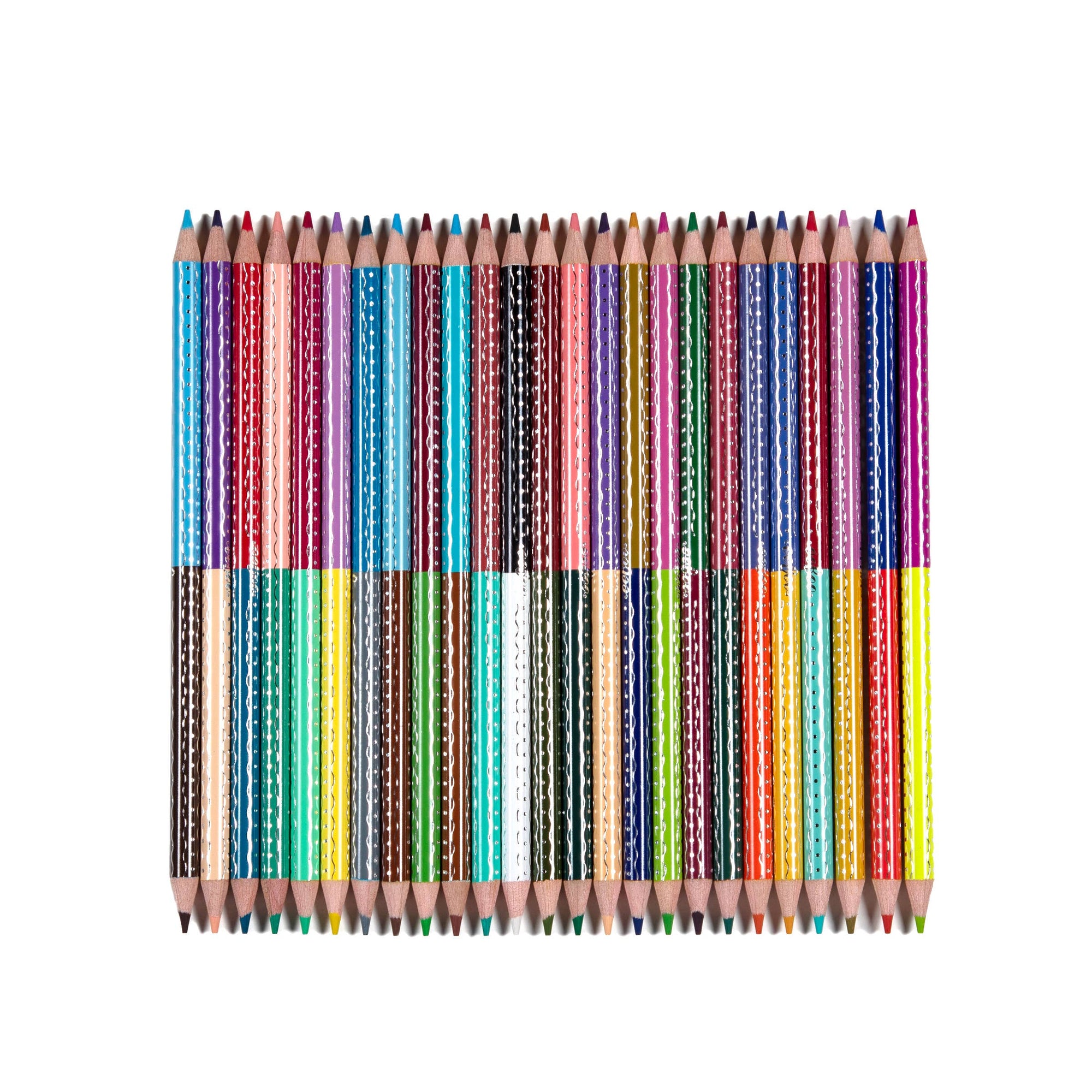 Set of colorful pencils with patterned wraps on a white background