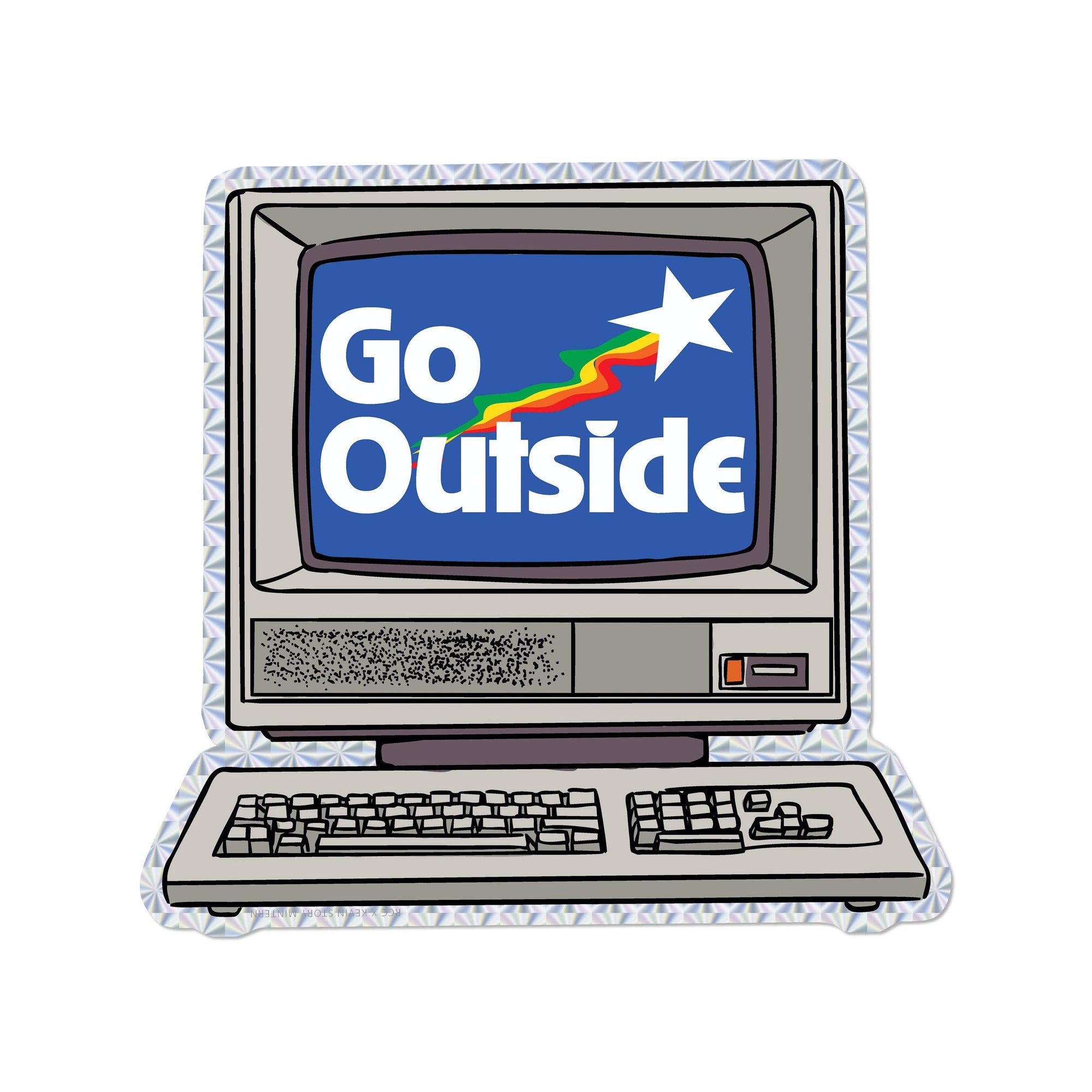 Vintage computer with 'Go Outside' text on the screen