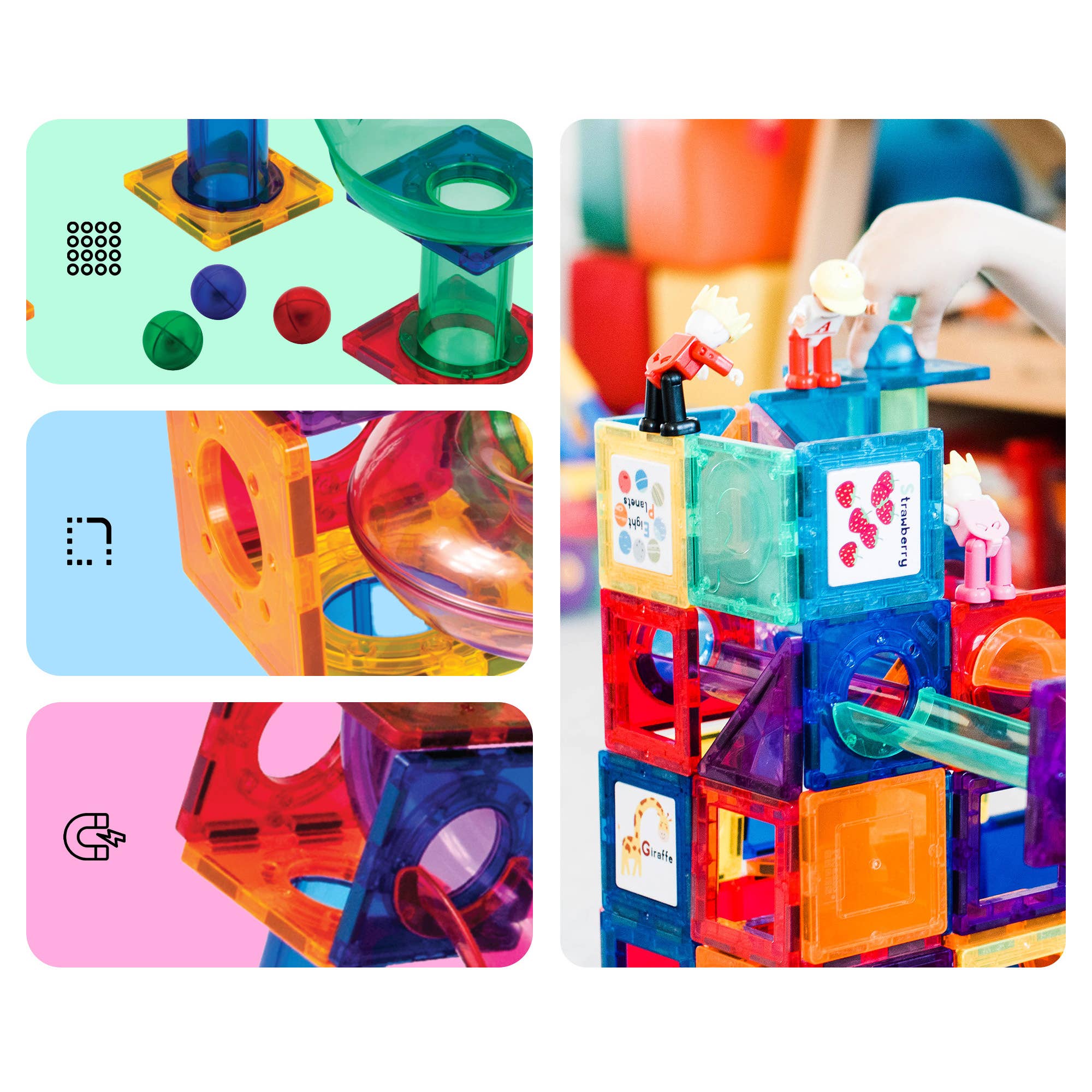 Colorful magnetic building block set with cards displaying block designs.