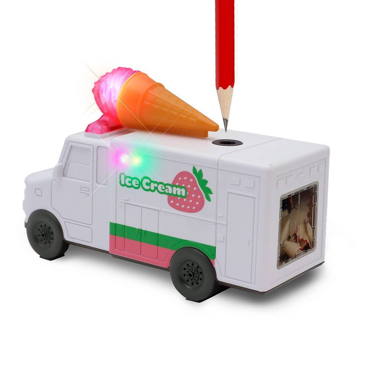 Ice cream truck-shaped pencil sharpener with an ice cream cone and pencil on a white background