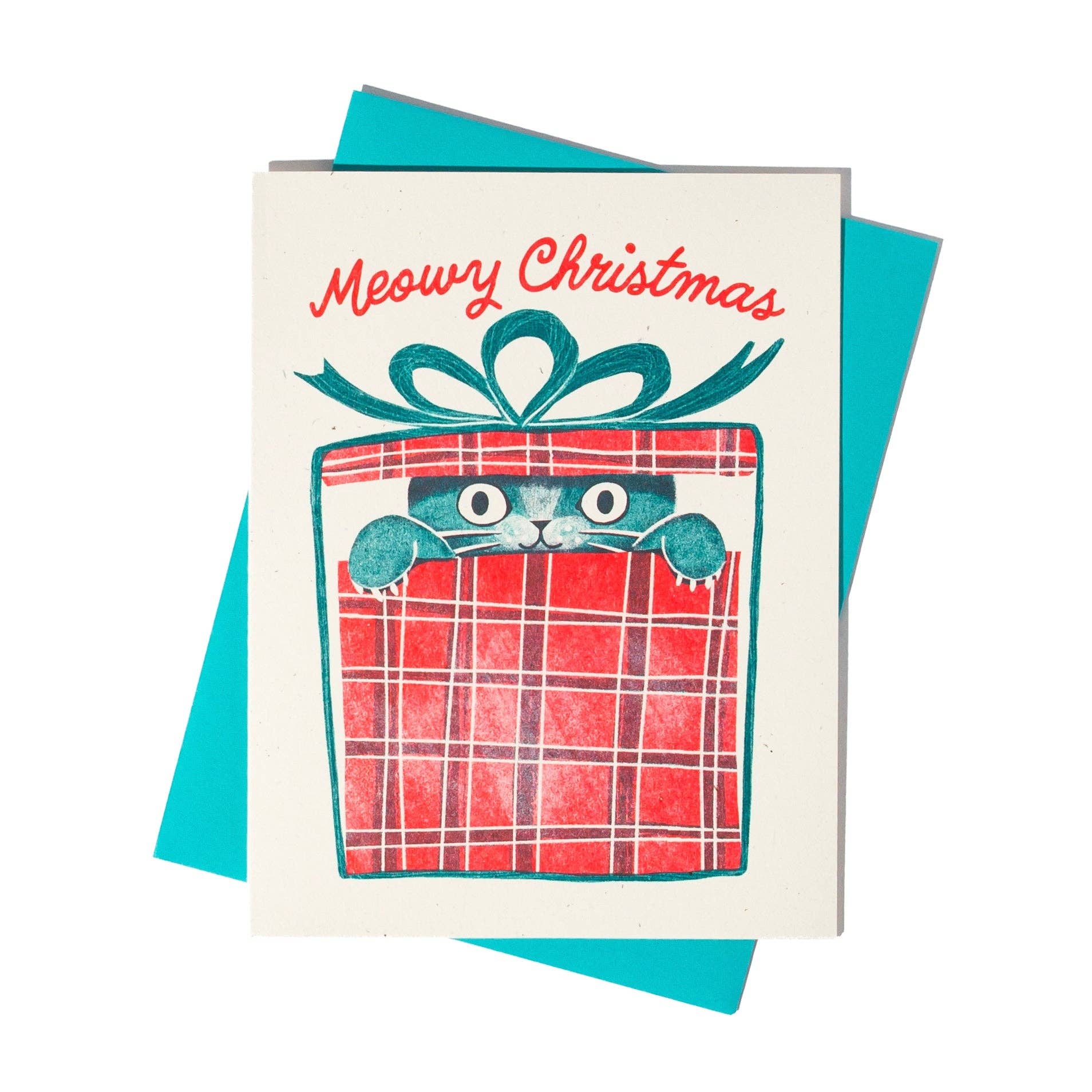 Christmas card with a cat in a gift box and 'Meowy Christmas' text on a white background.