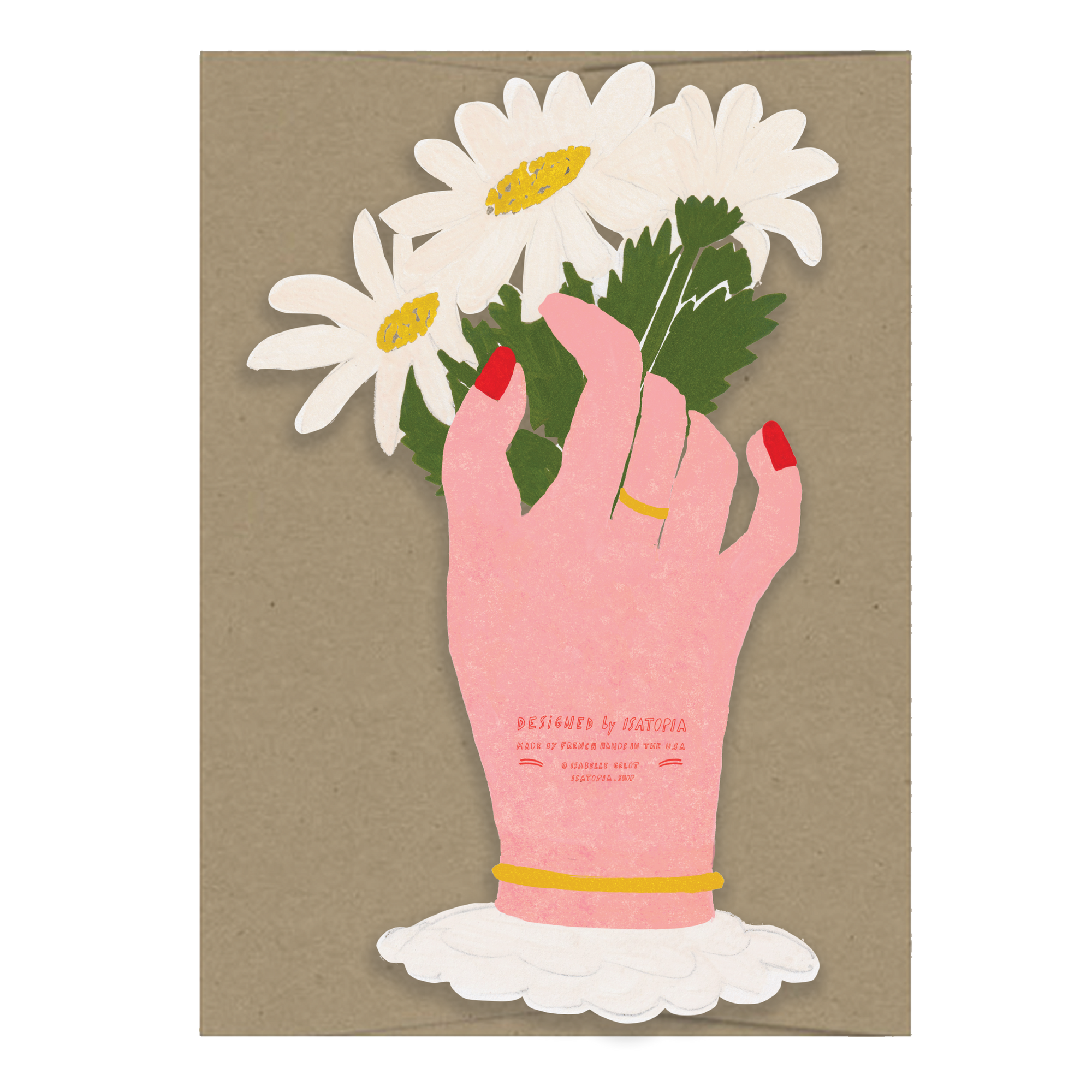 Card with a pink glove holding flowers on a brown background