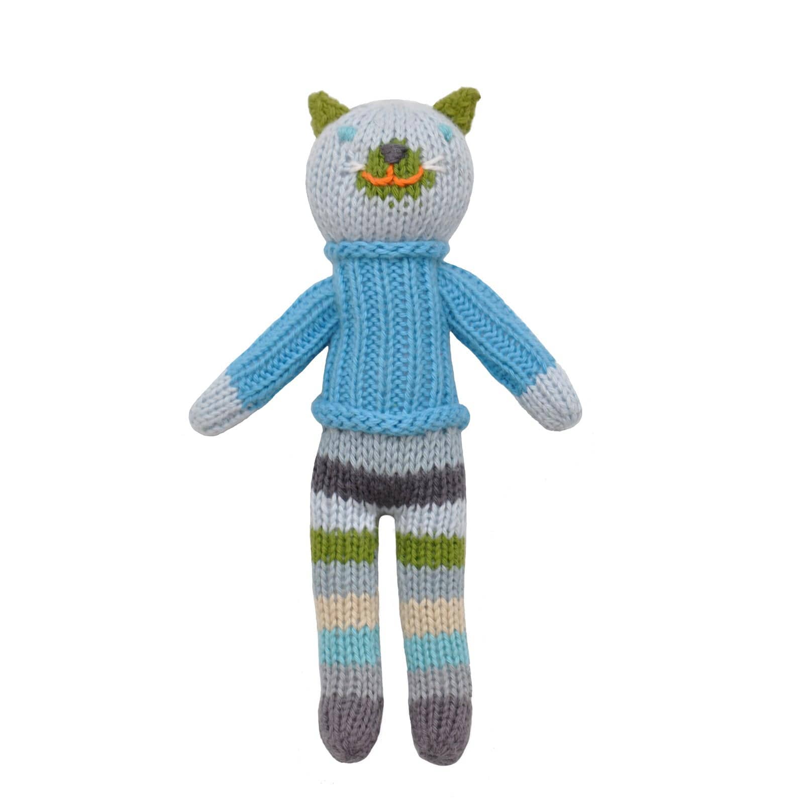 Knitted toy with a blue sweater and striped pants on a white background