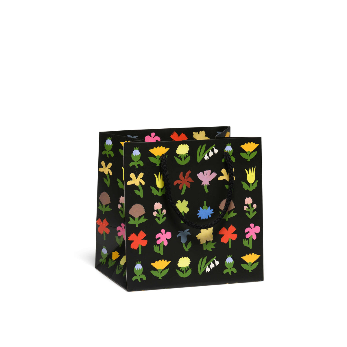 Black gift bag with colorful floral pattern on a white background