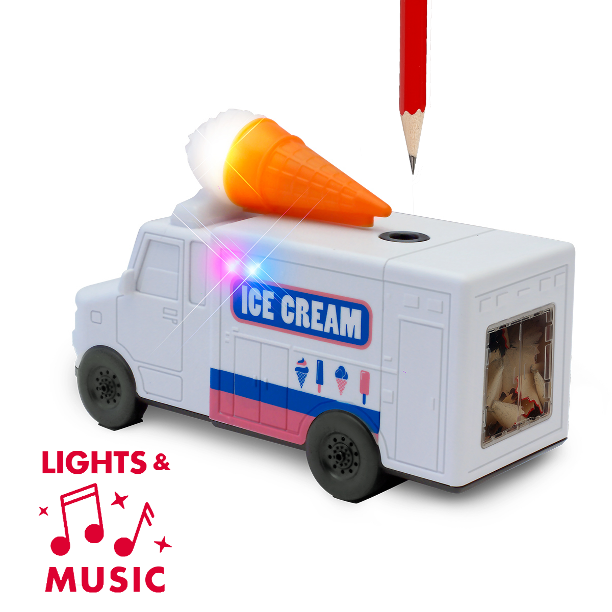 Toy ice cream van with pencil sharpener, lights, and music on a white background