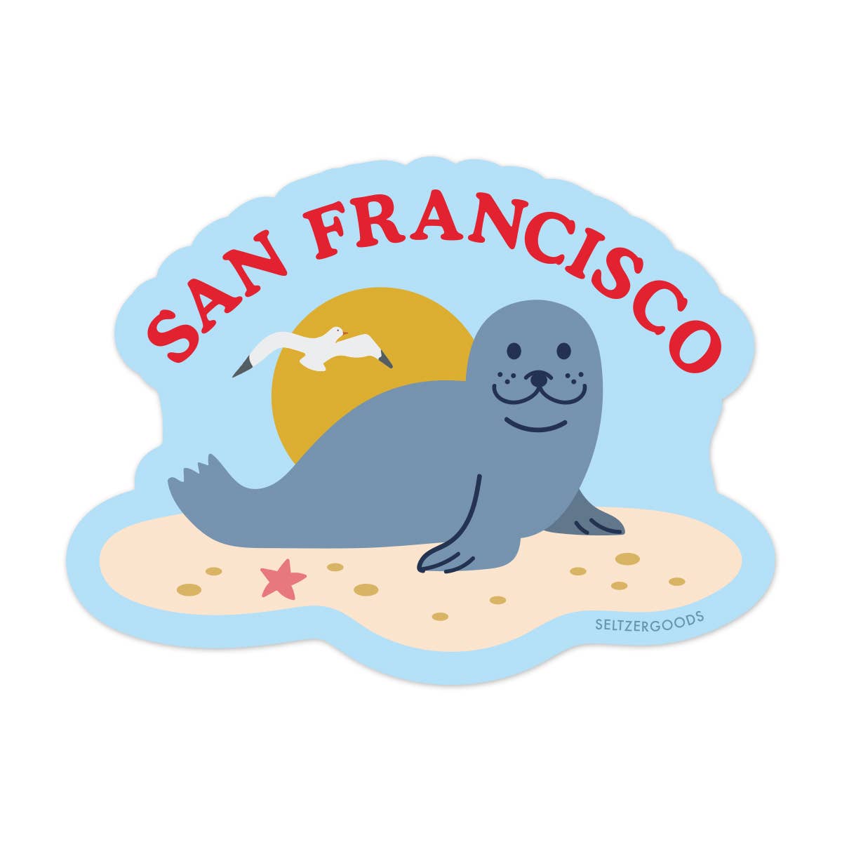Sticker with a seal, sun, and 'San Francisco' text on a white background