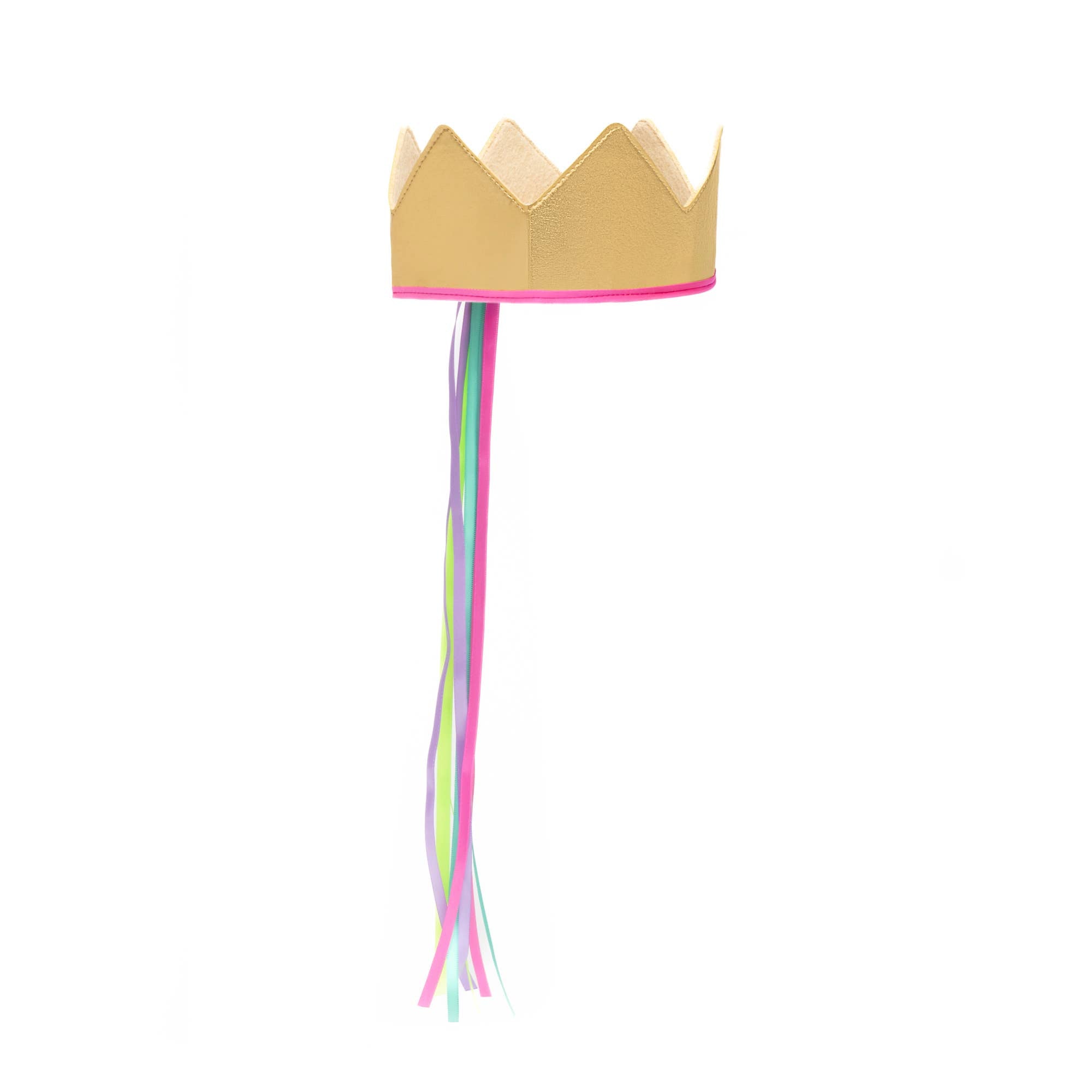 Gold crown with colorful tassels on a white background