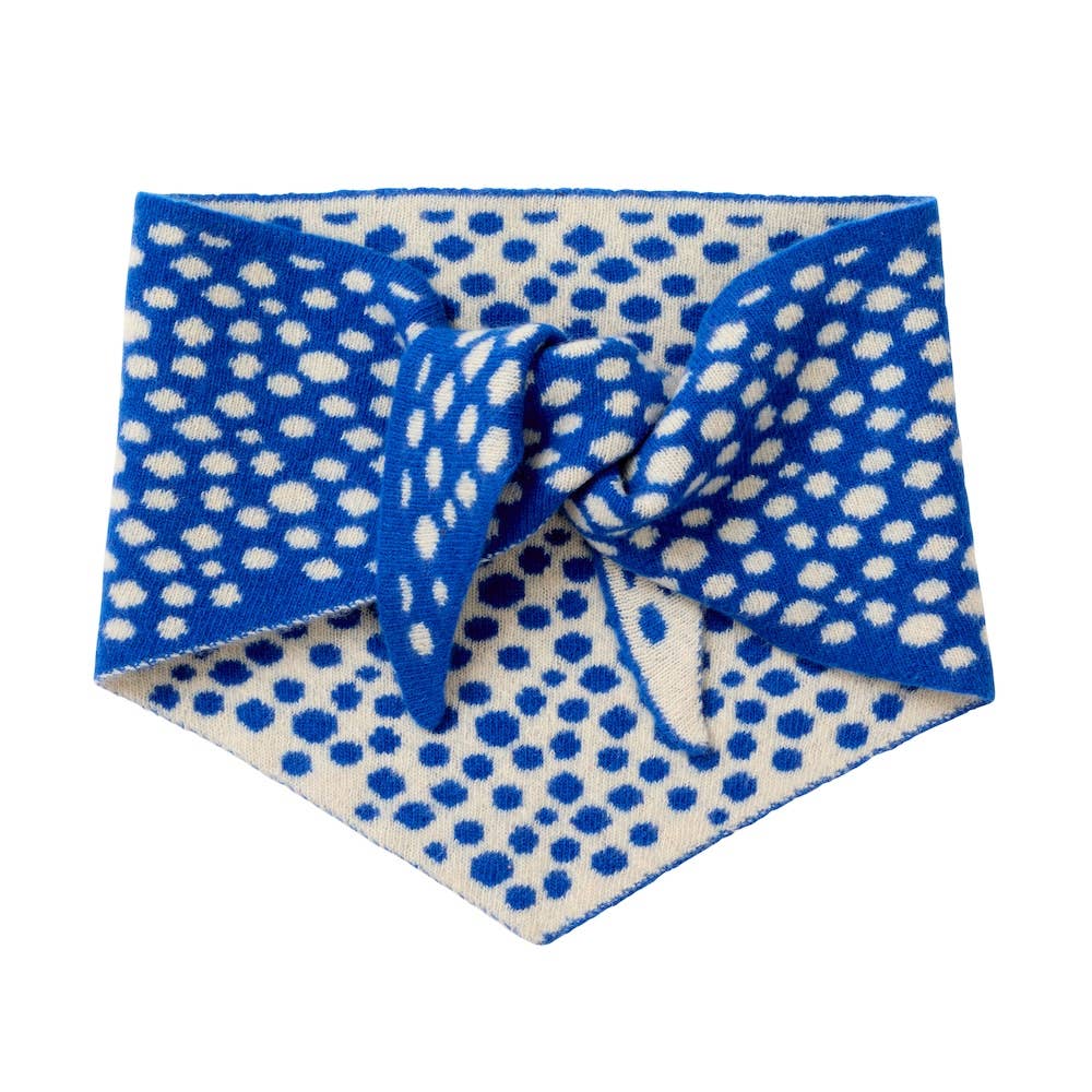 Blue and white polka dot headband on a white background