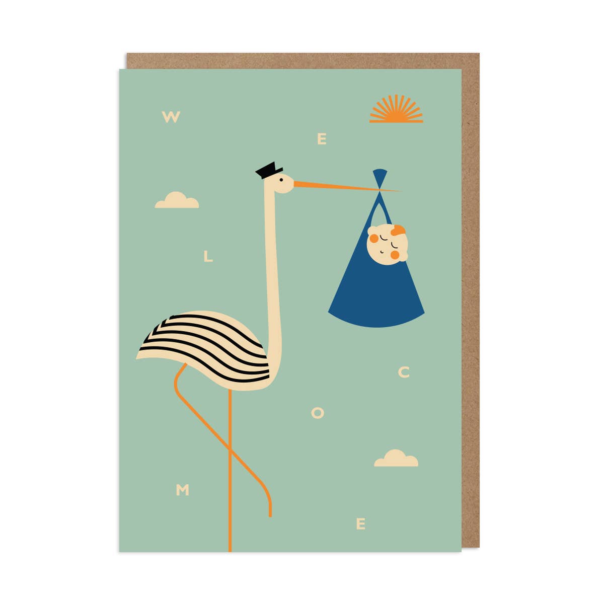 Stork holding a baby in a blue bag on a light green background with clouds and a sun.