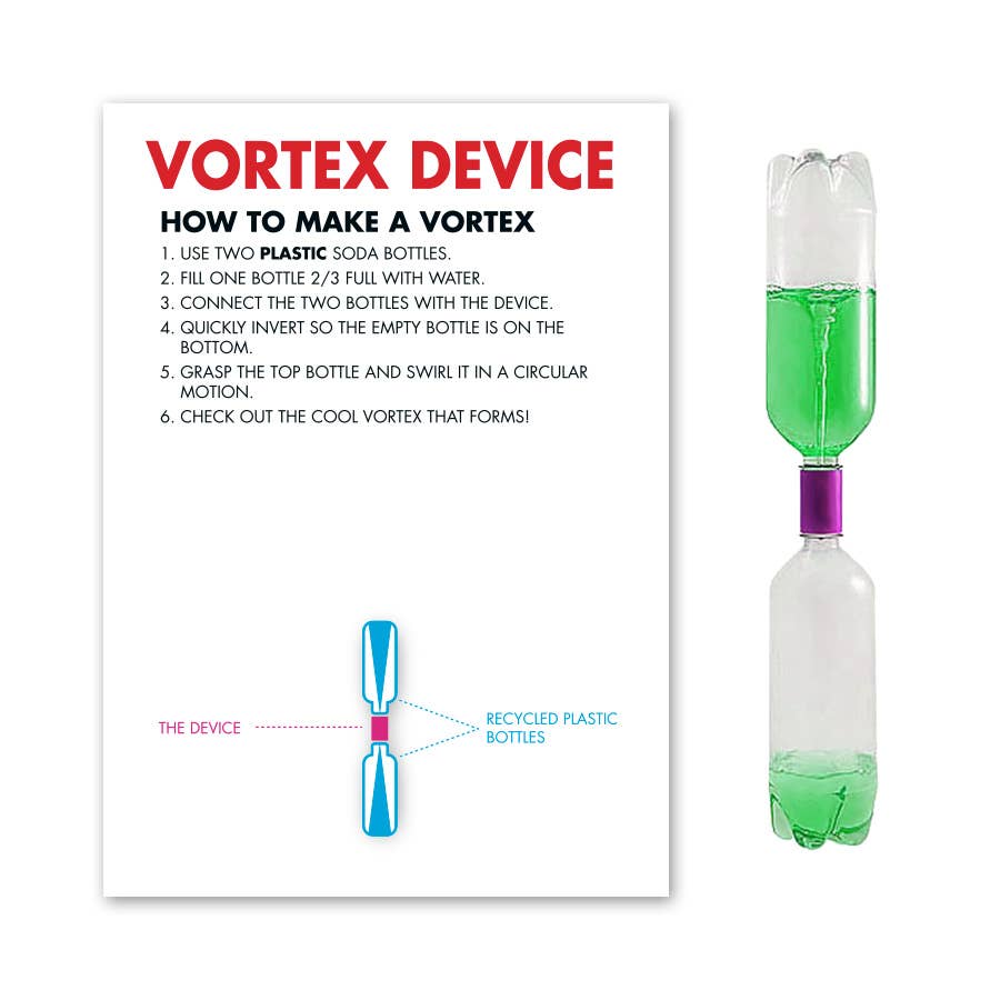 Vortex device with instructions on how to make a vortex using two plastic soda bottles.