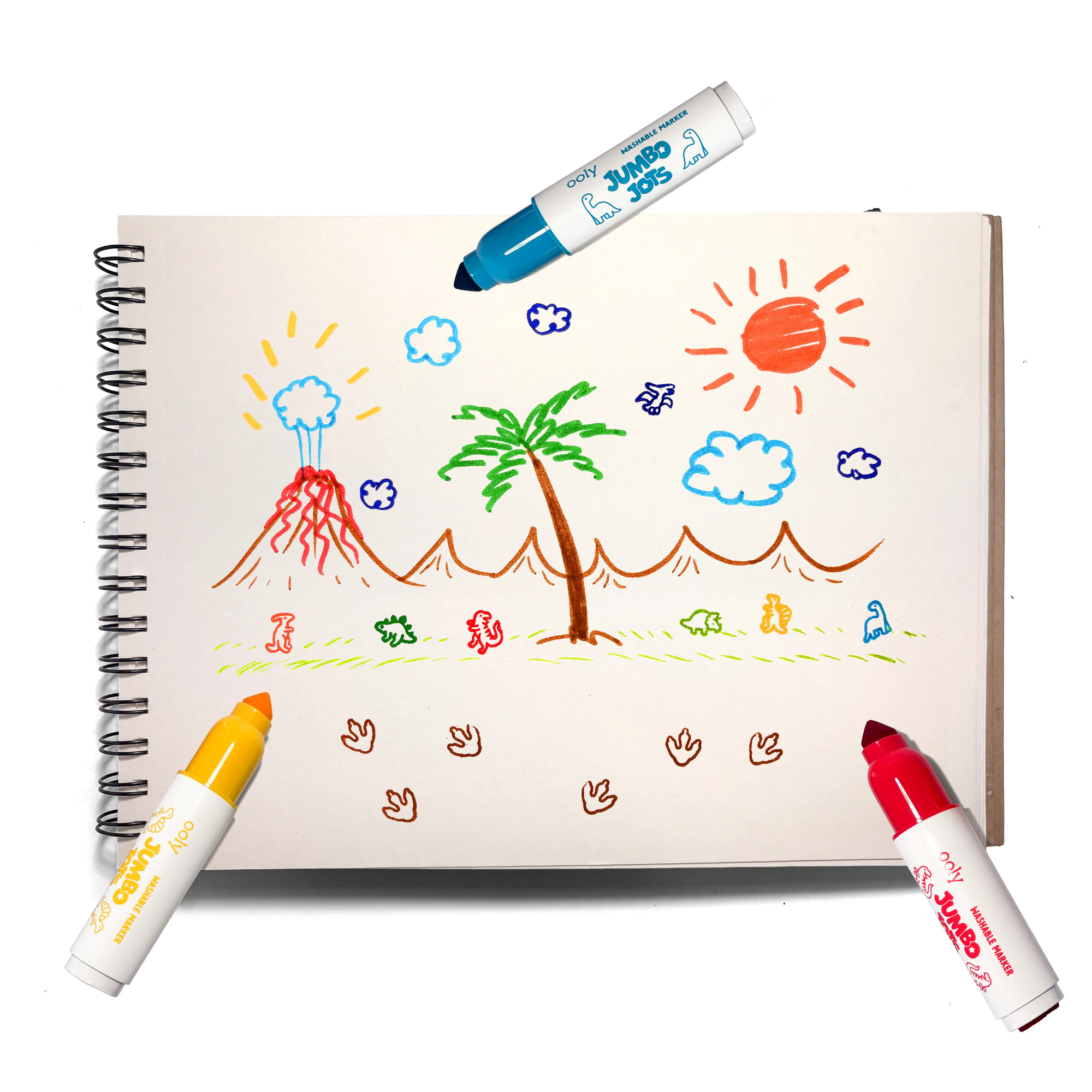 Children's drawing on a notebook with three markers on a white background