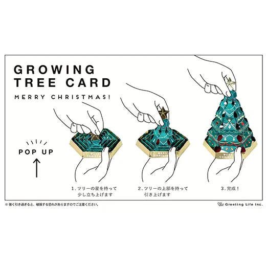 Pop-up card with instructions to create a growing tree, featuring hands holding the card.