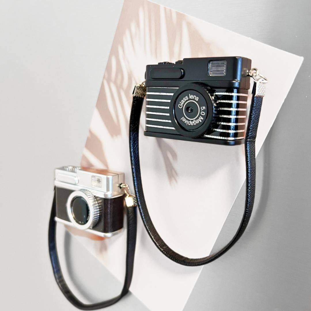 Two vintage-style cameras with leather straps on a light gray background