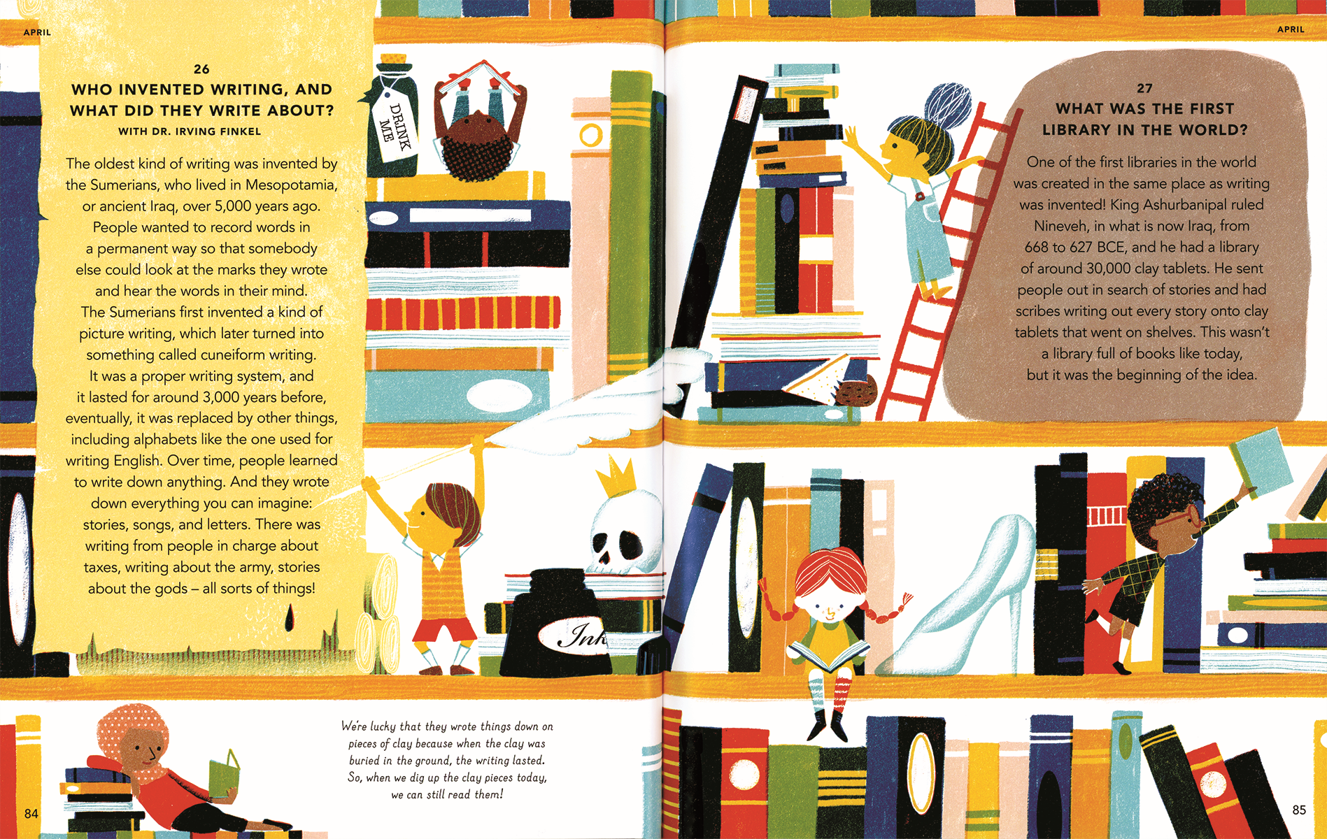 Illustrated book page with children and books, educational content about writing and libraries.