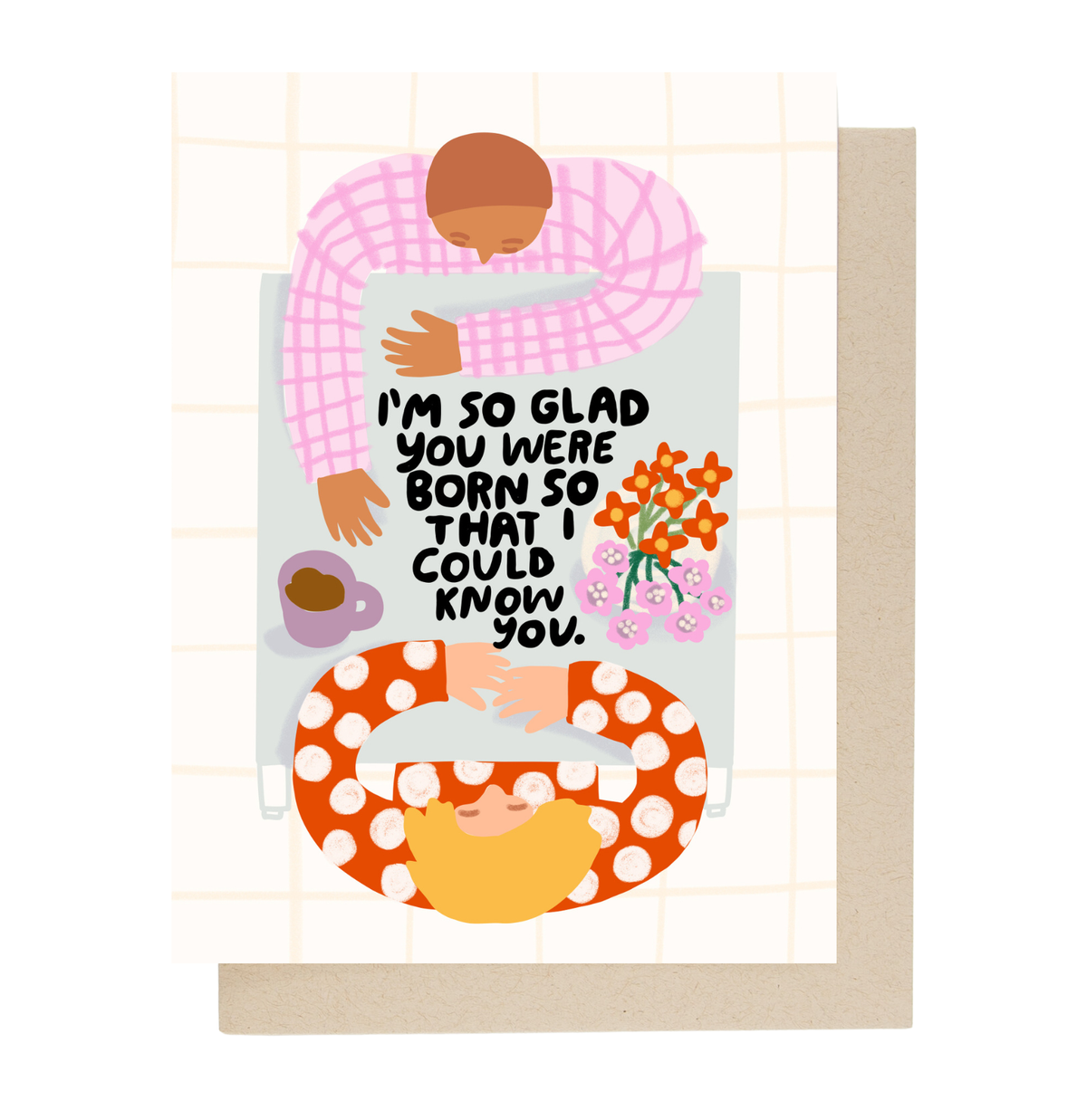 Greeting card with illustrations of a person and a gnome, featuring text and decorative elements.