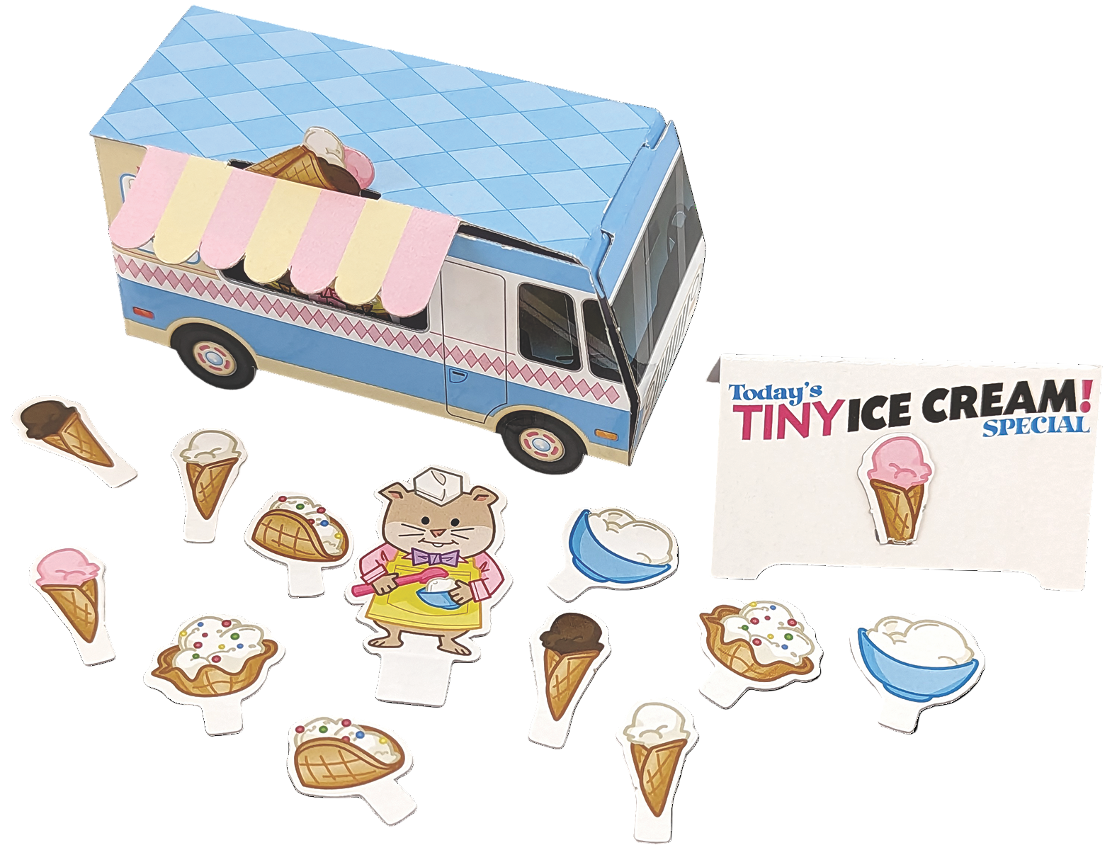 Ice cream truck and ice cream cone-shaped cookies on a white background