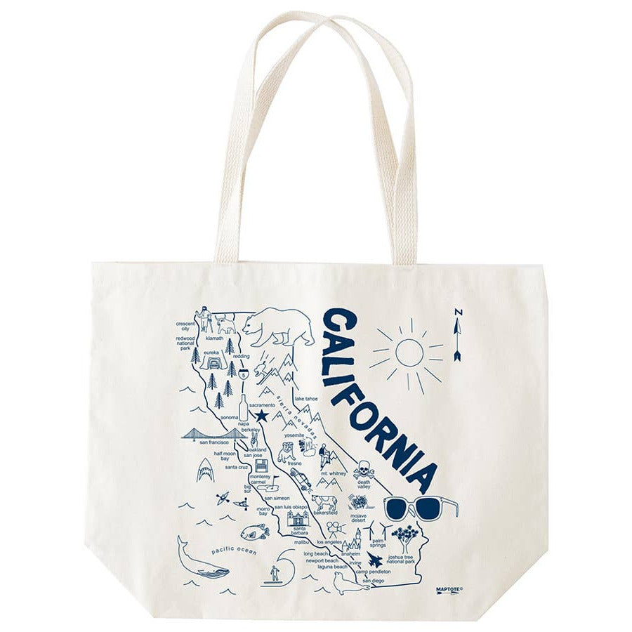 Tote bag with a map of California design on a white background