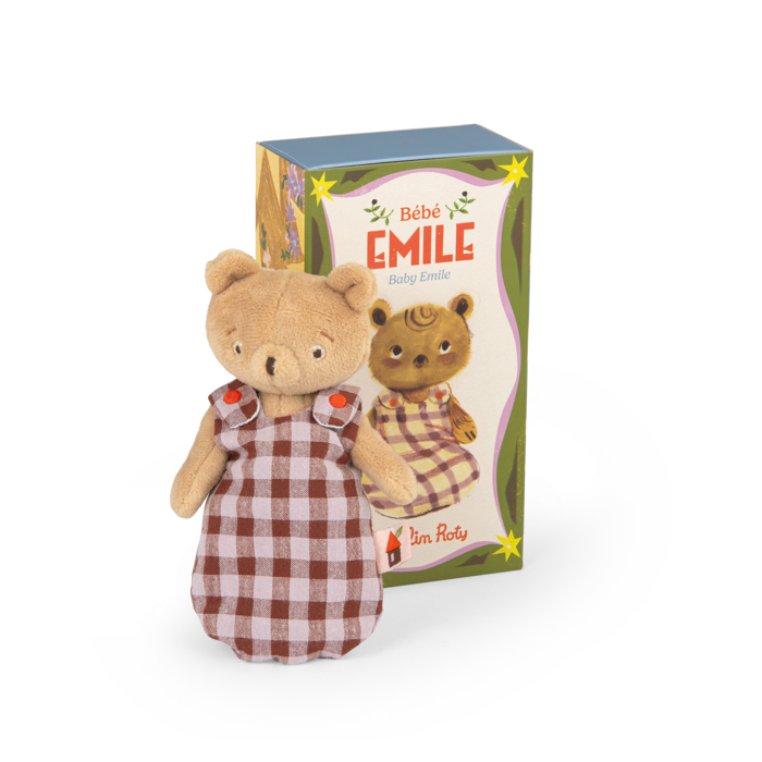 Stuffed bear toy in a checkered dress with packaging displaying 'Bèbe Emile' on a white background