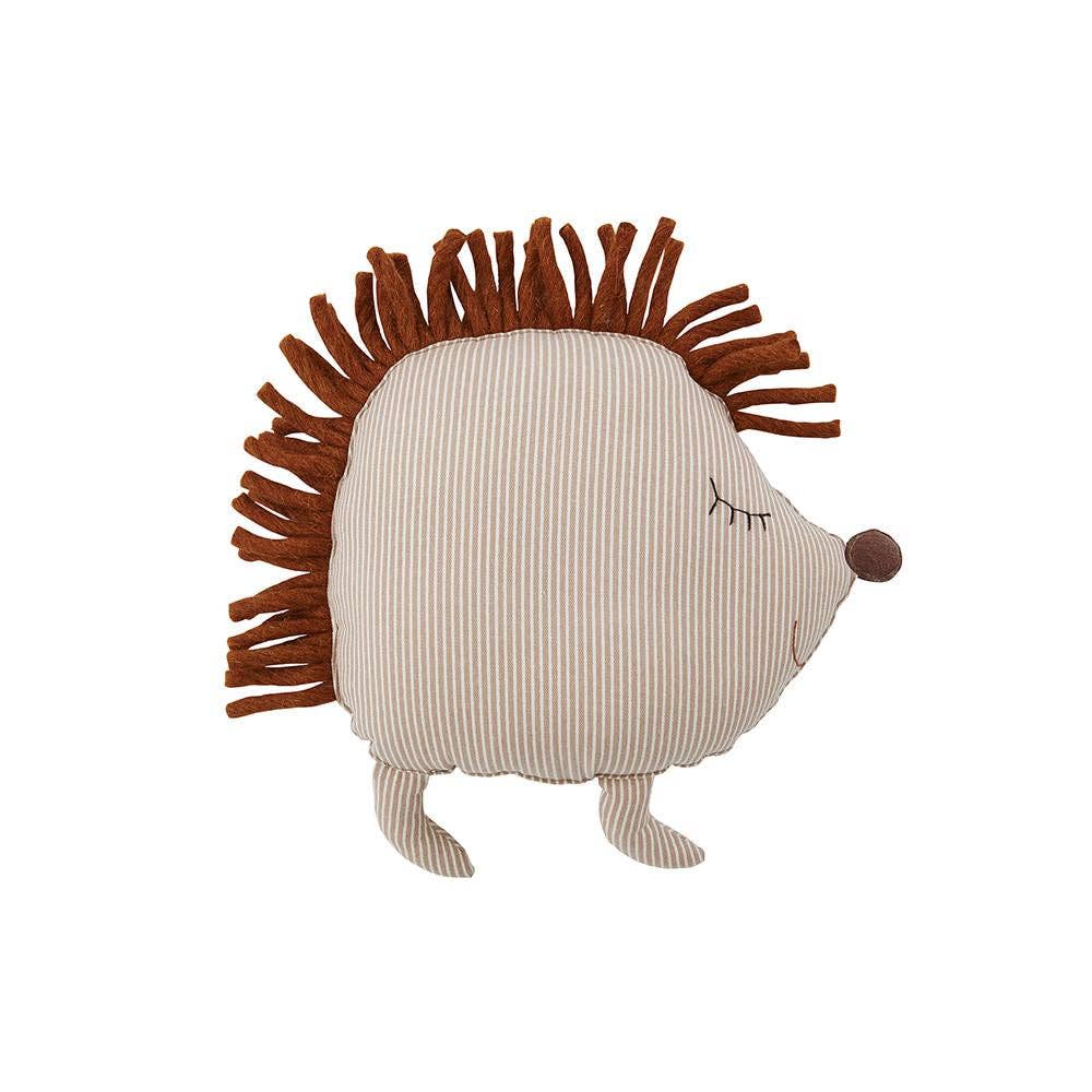 Hedgehog-shaped plush toy with brown spines on a white background