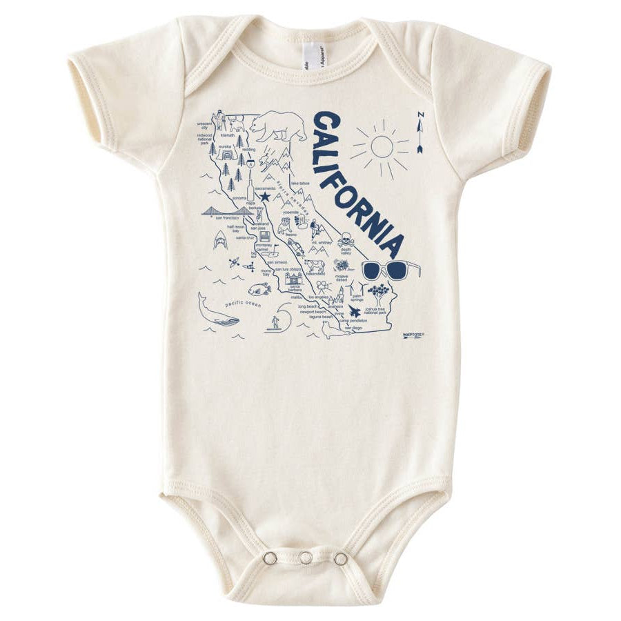 Baby onesie with a map of California design on a white background