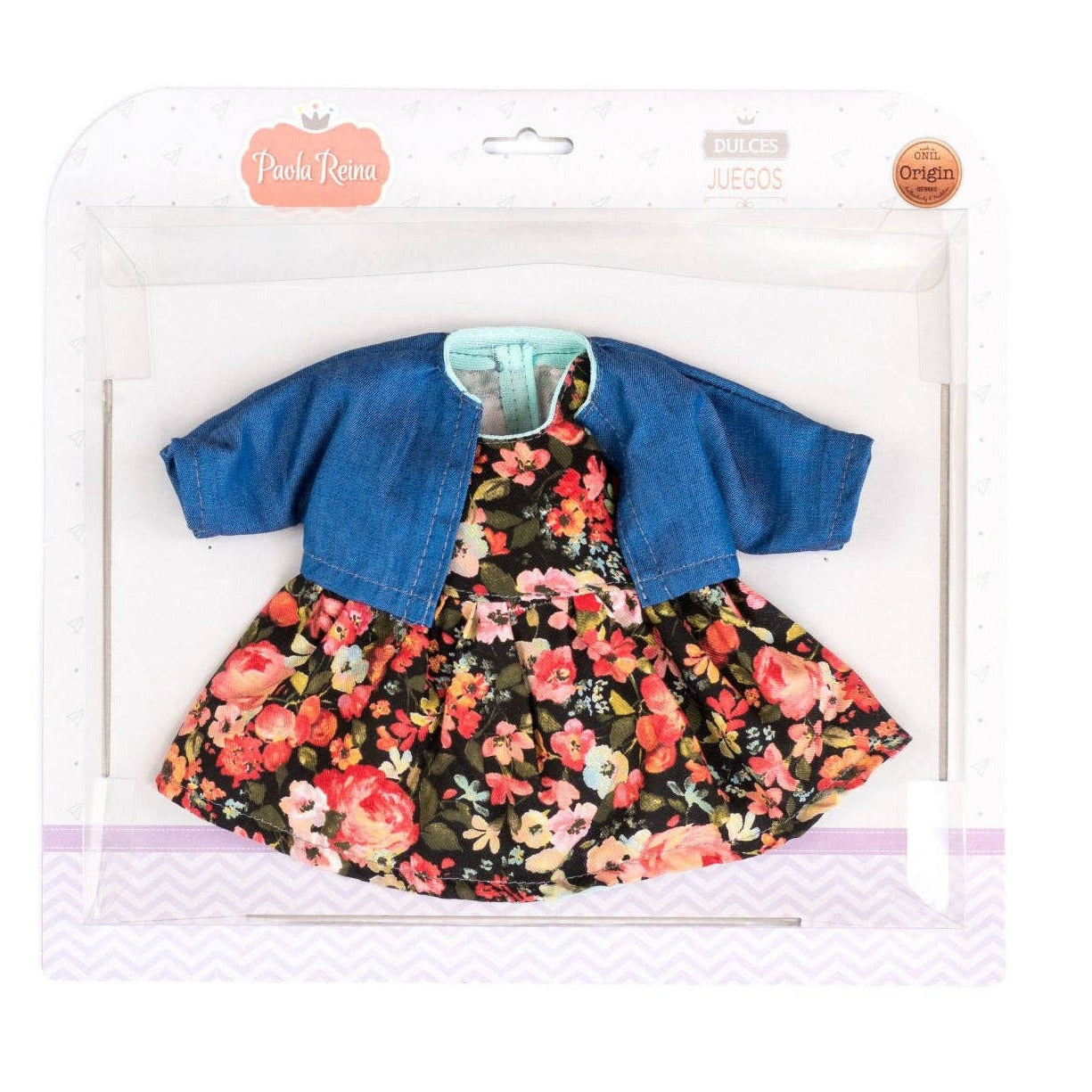 Packaged doll dress with floral pattern and blue jacket on a white background