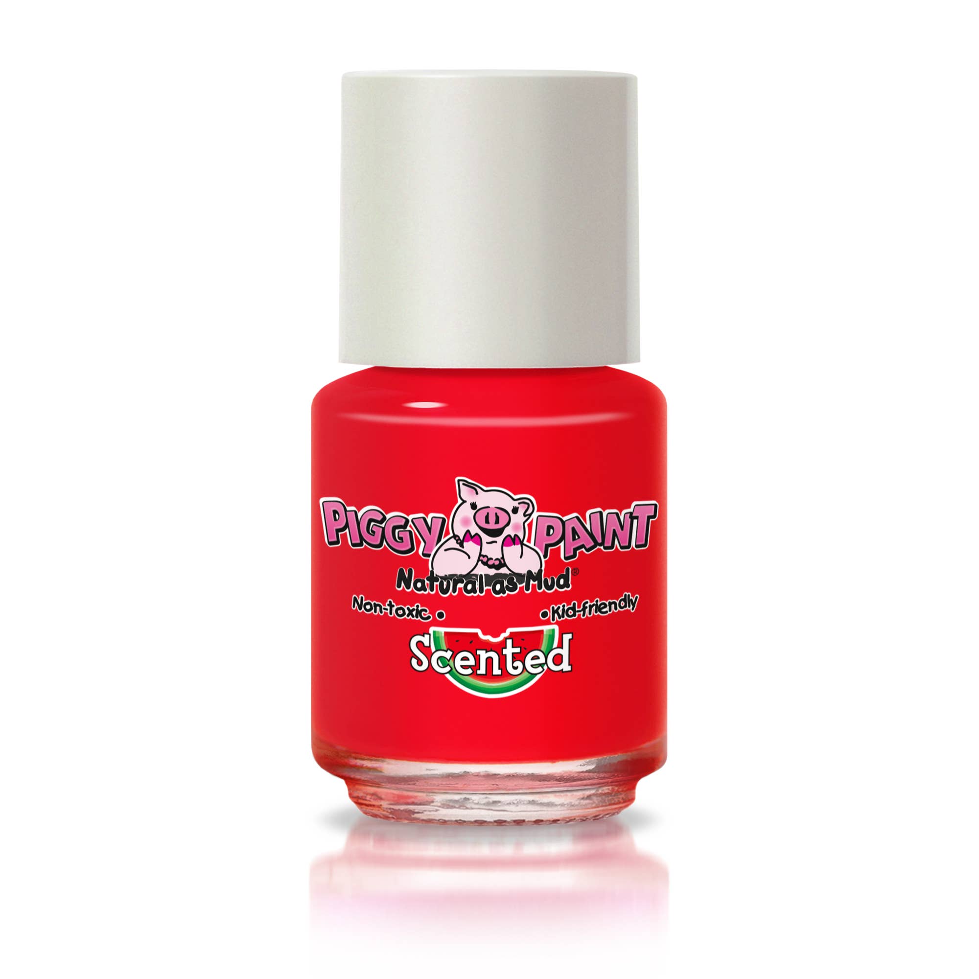 Red nail polish bottle with 'Piggy Paint' branding on a white background