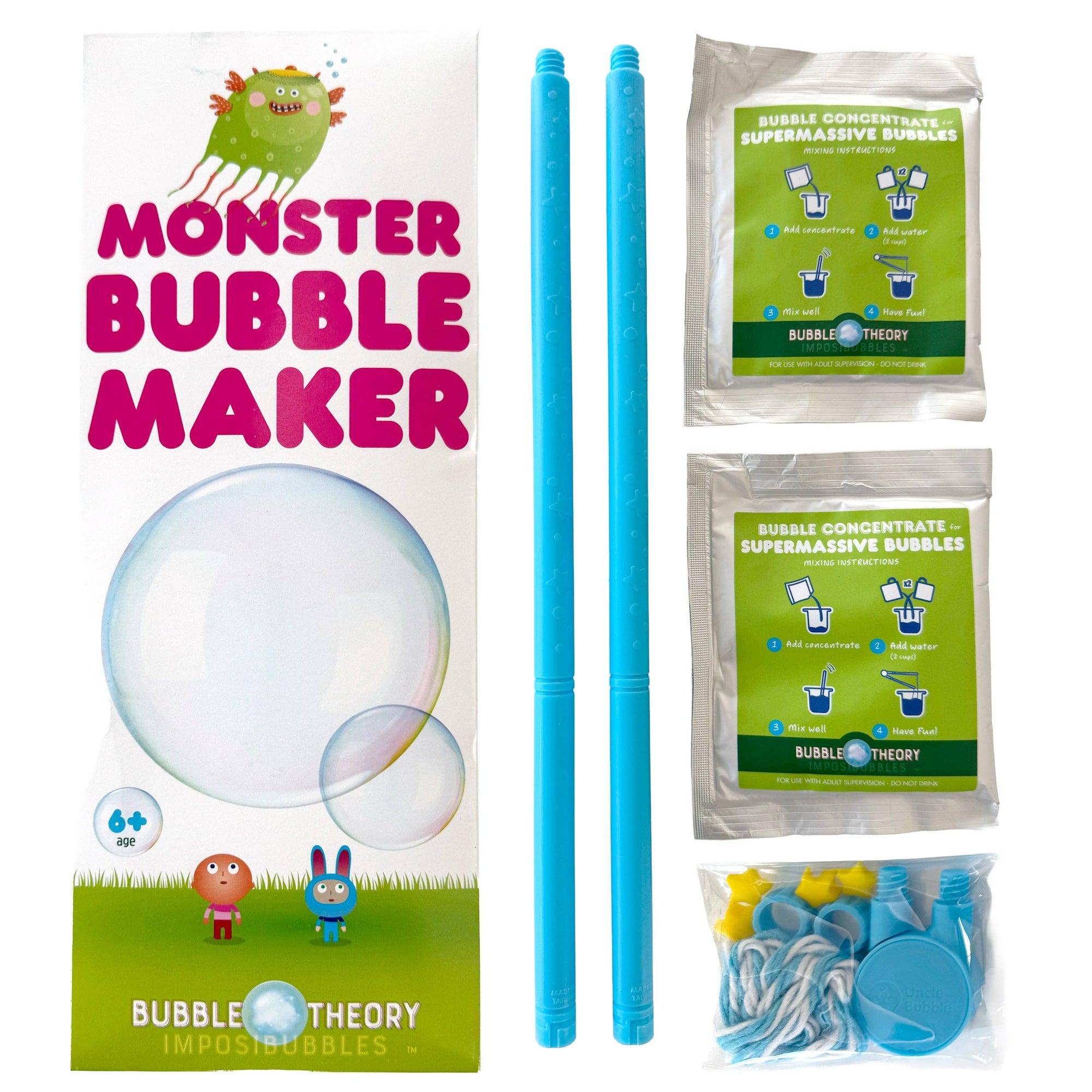 Monster bubble maker set with bubble sticks and concentrate packets on a white background