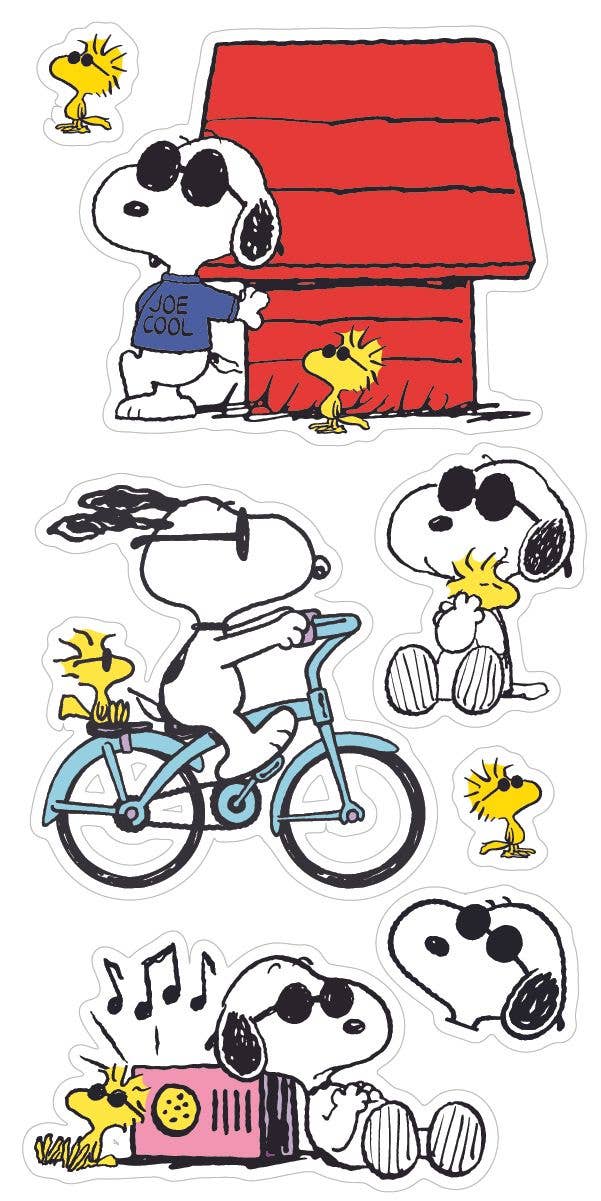 Set of Snoopy and Woodstock stickers with various poses and activities.