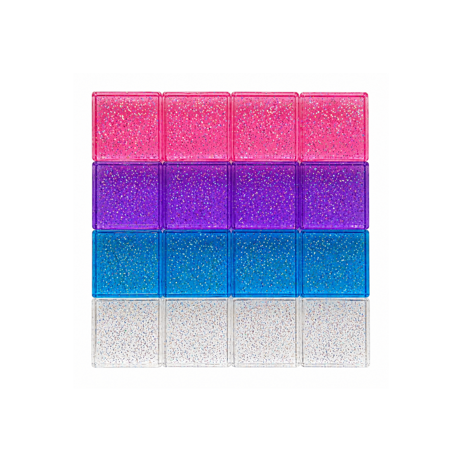 Stack of colorful glittery square blocks on a white background