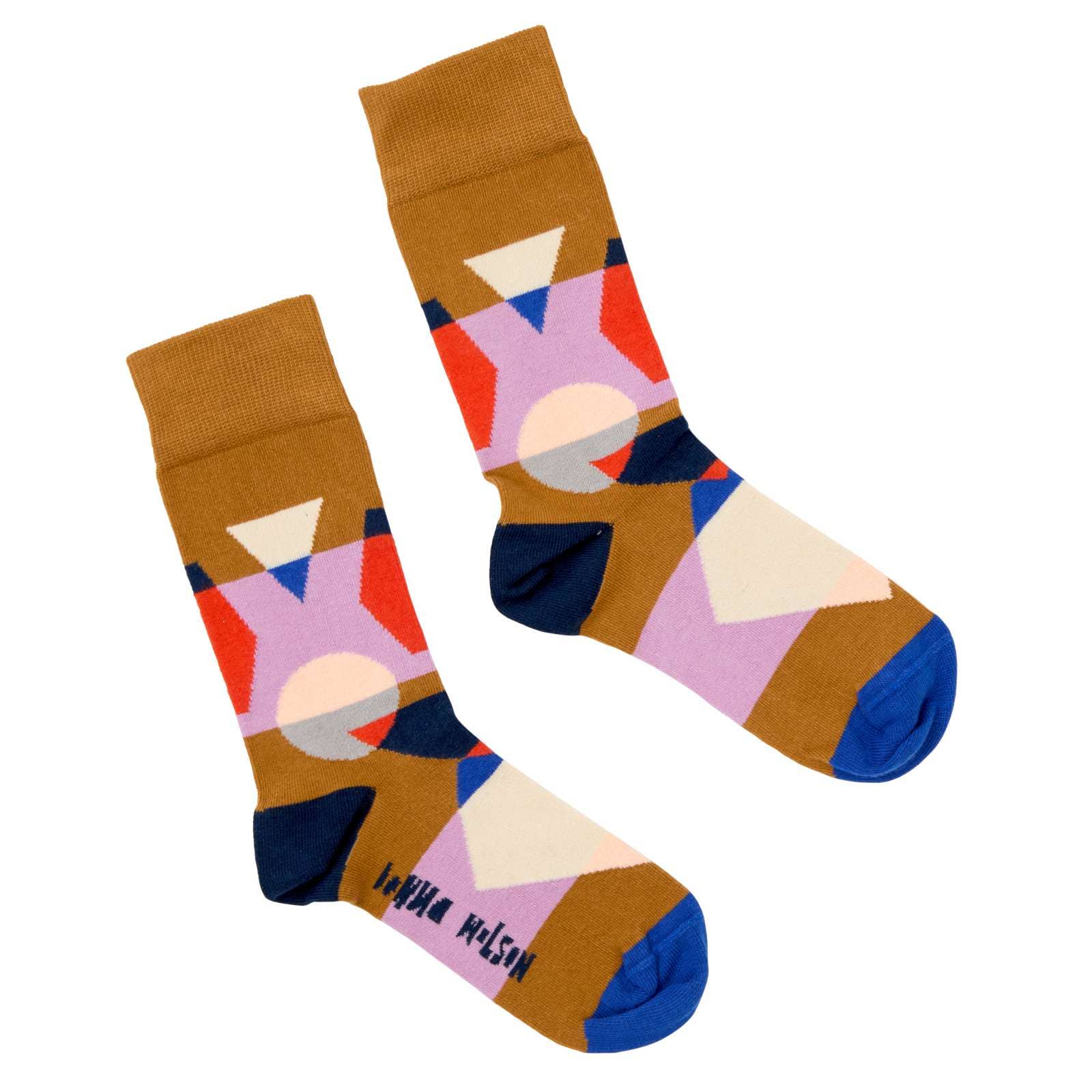 Pair of socks with geometric pattern on a white background