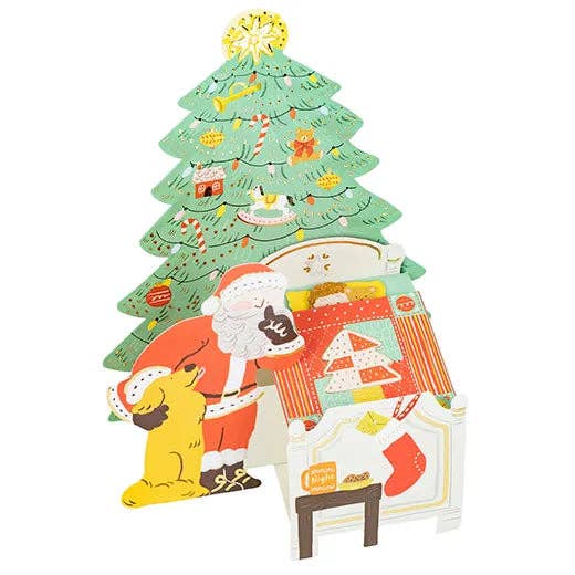 Colorful Christmas-themed card with Santa Claus, dog, and Christmas tree design.
