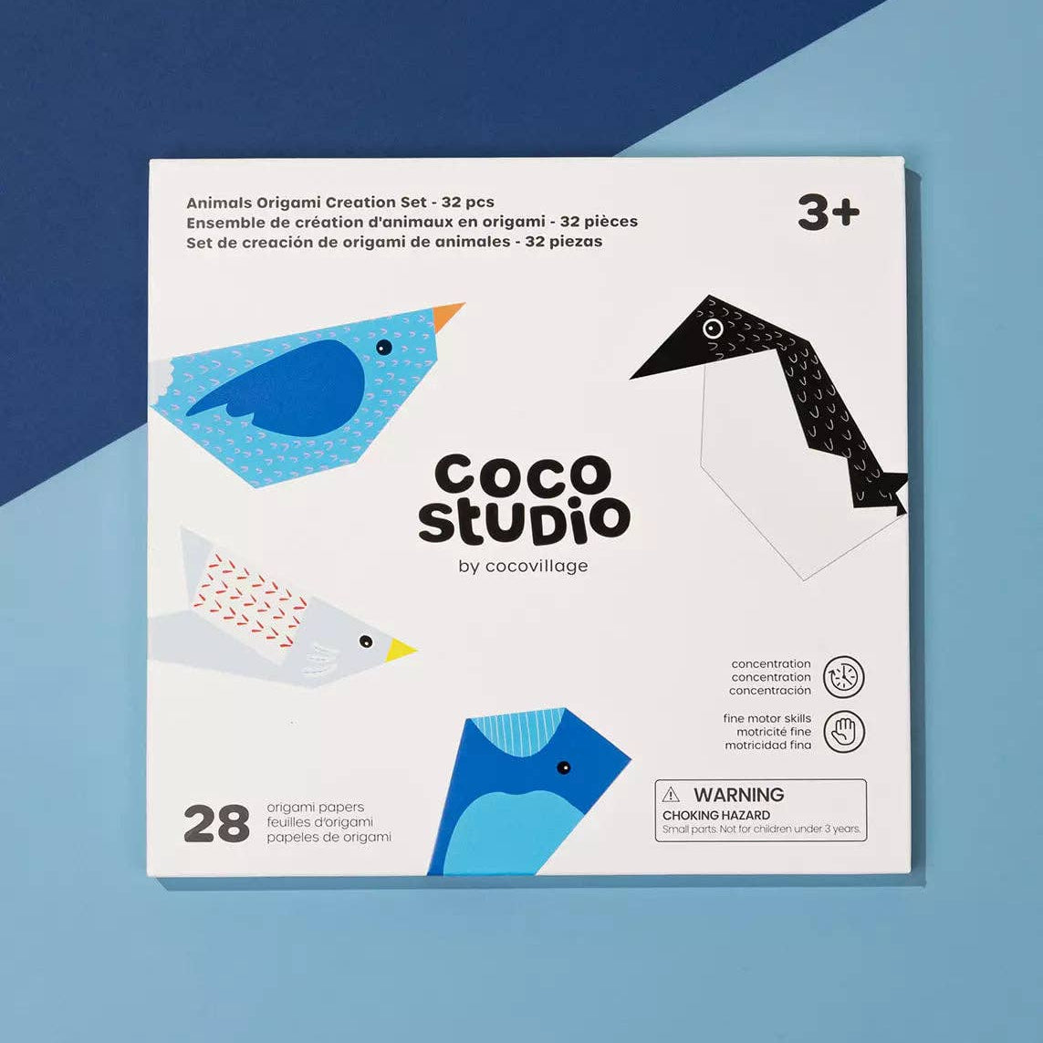 Coco Studio packaging with animal illustrations on a blue background