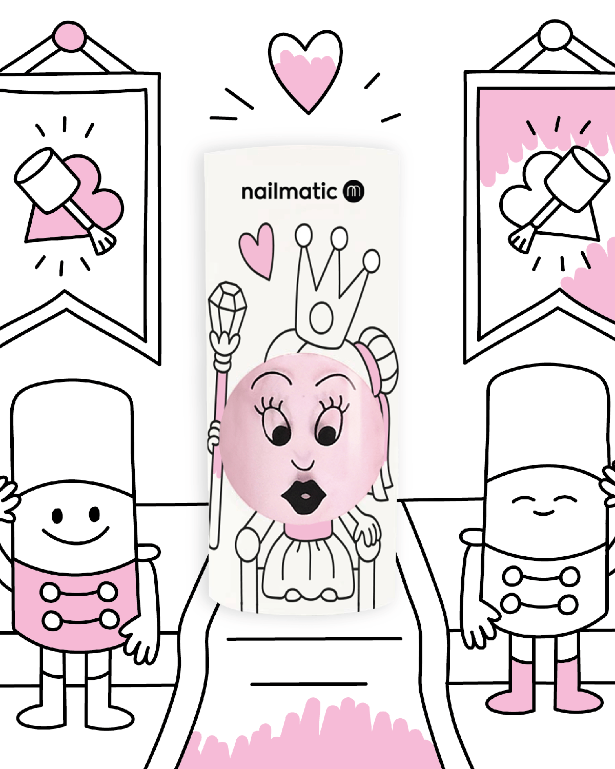 Nail art design with cartoon characters and 'nailmatic' branding