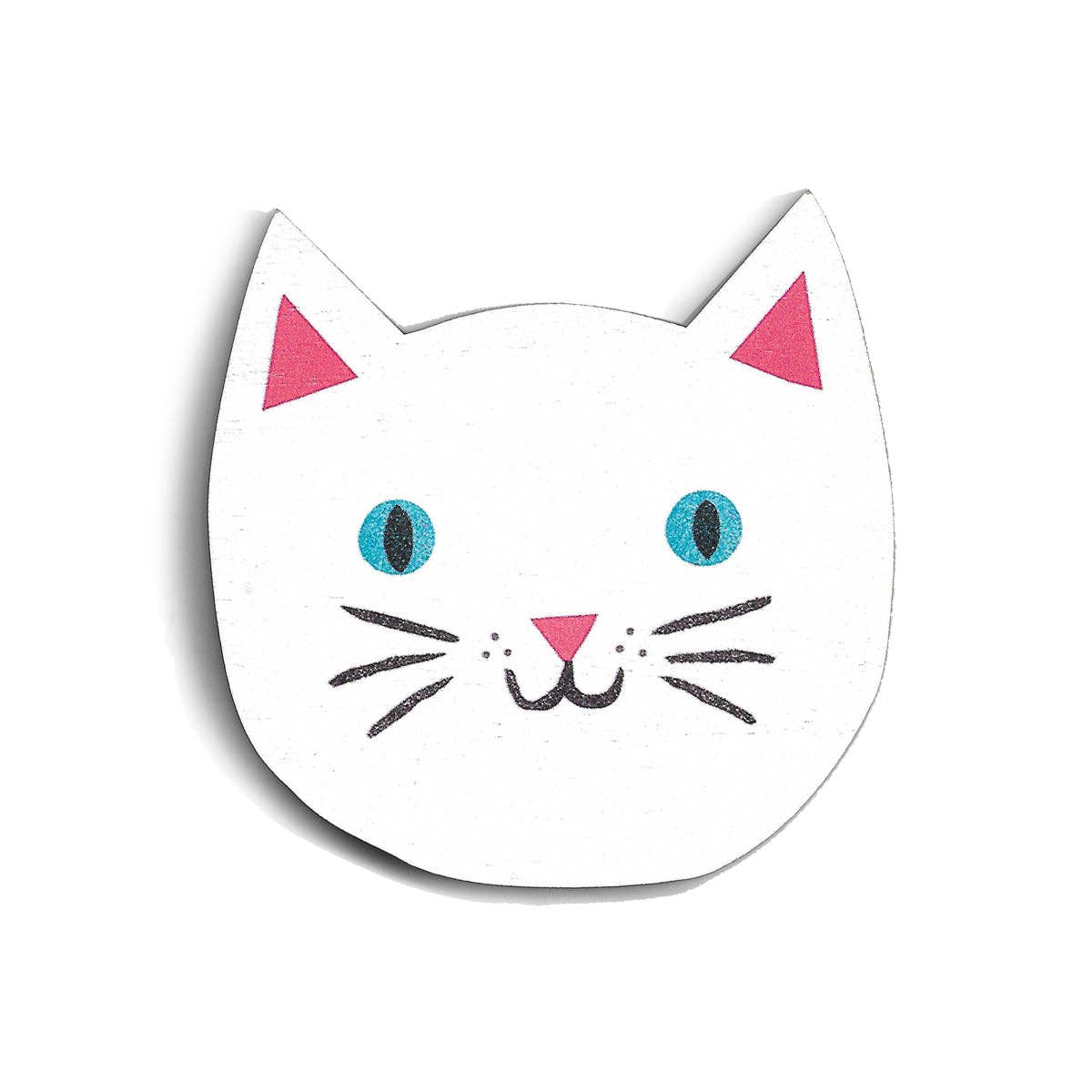Cat-shaped white sticker with pink triangular ears and blue eyes on a white background