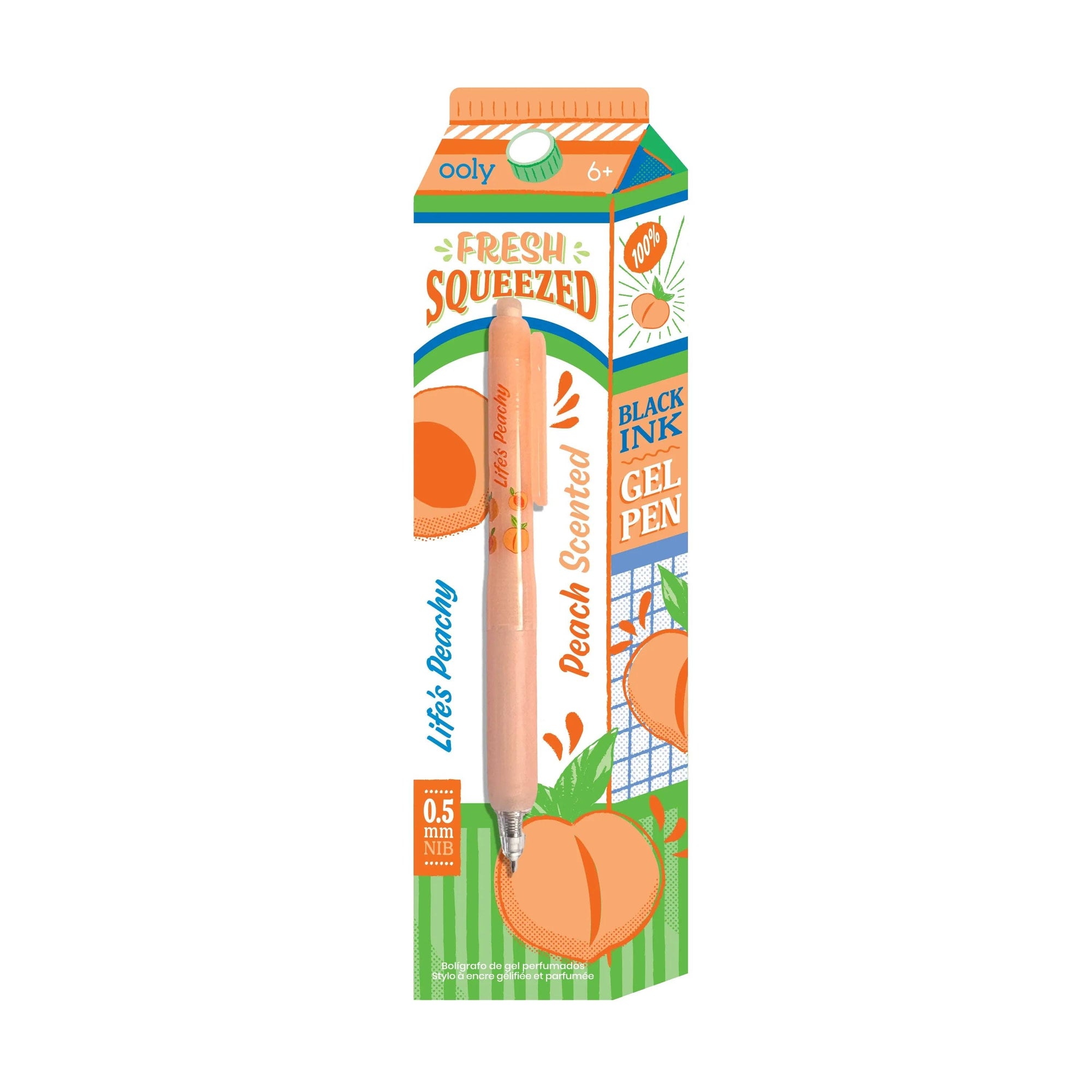 Gel pen with peach-scented packaging on a white background
