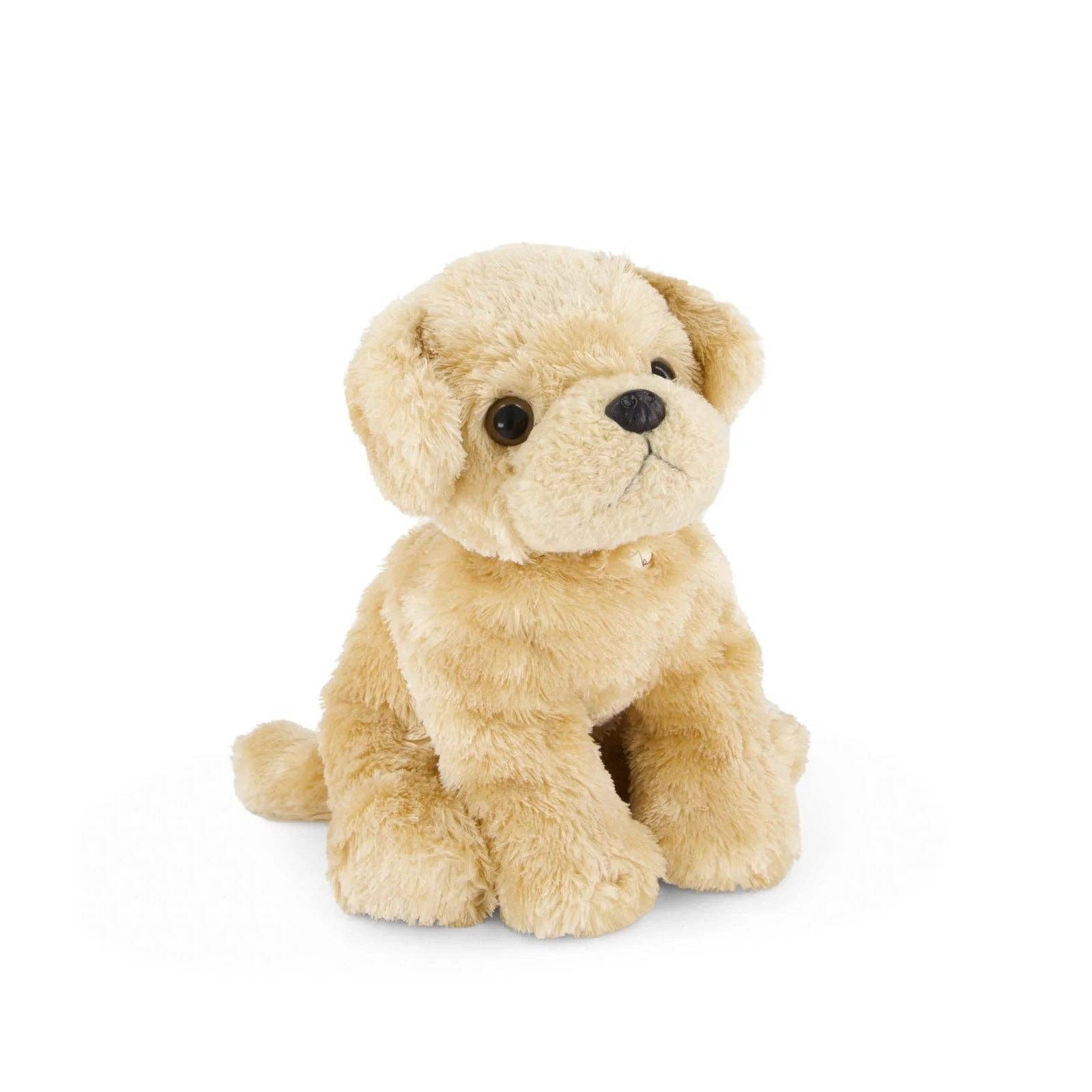 Beige stuffed dog toy on a white background
