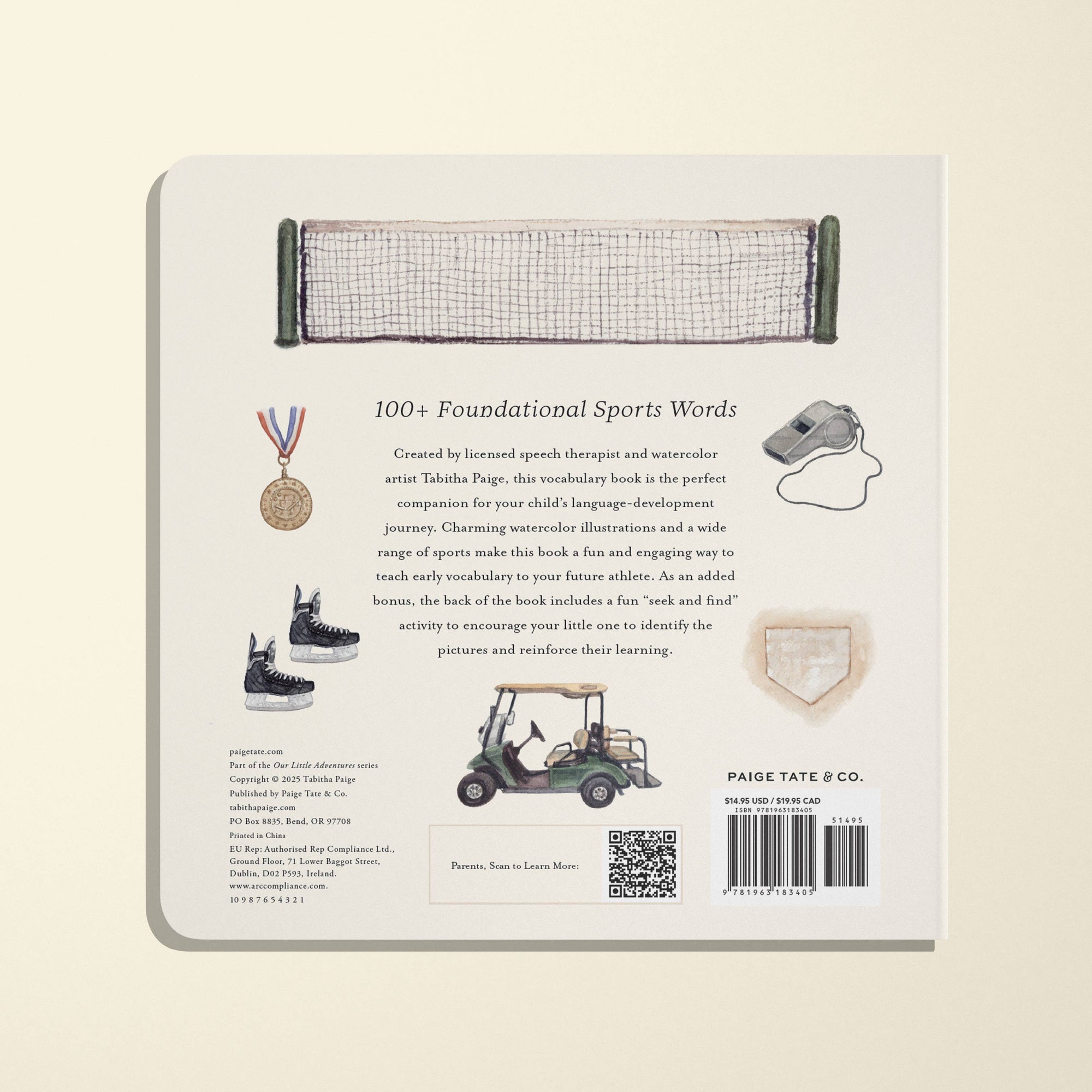 Back cover of a book with sports-themed illustrations and text on a beige background