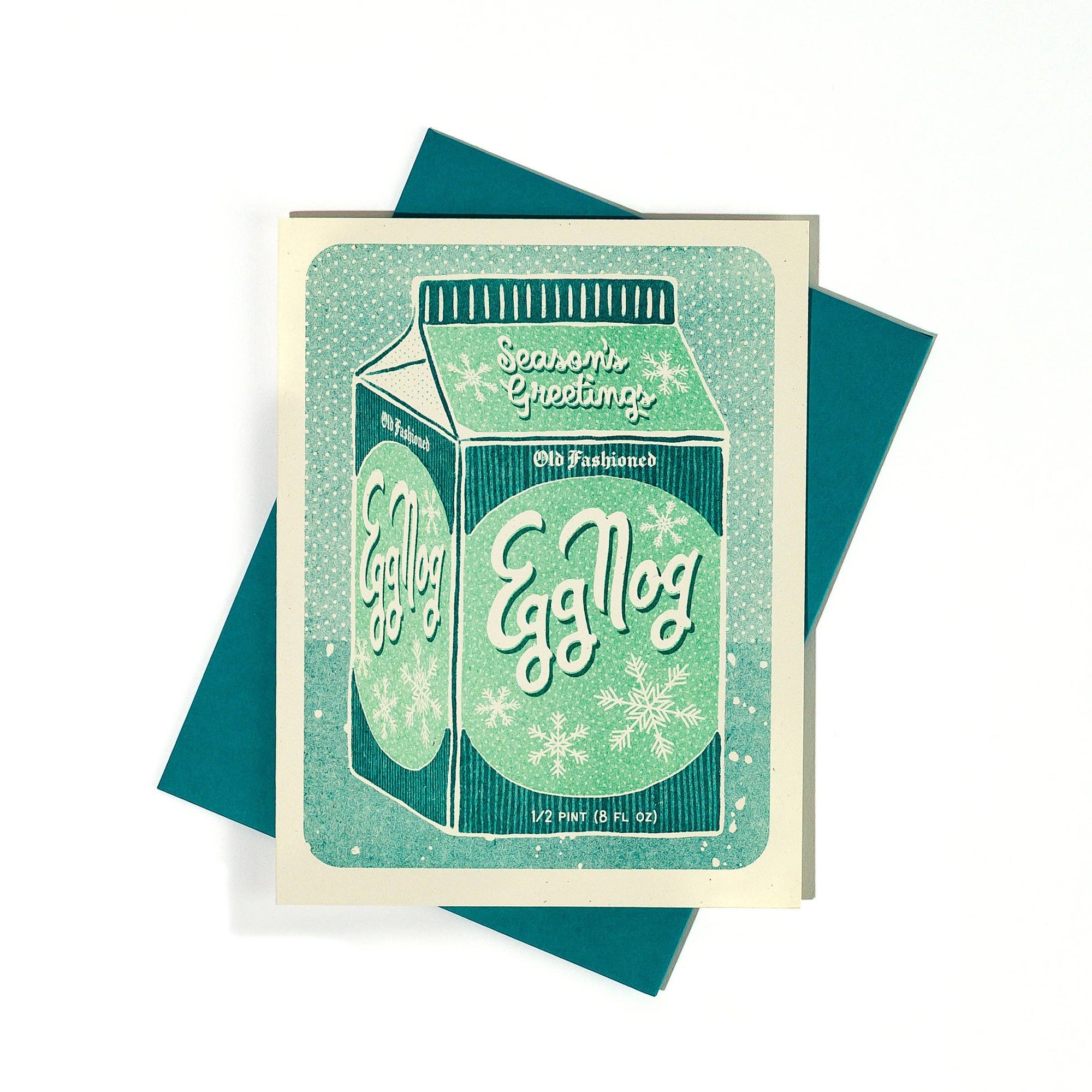 Egg nog carton-themed greeting card with green and white design on a white background