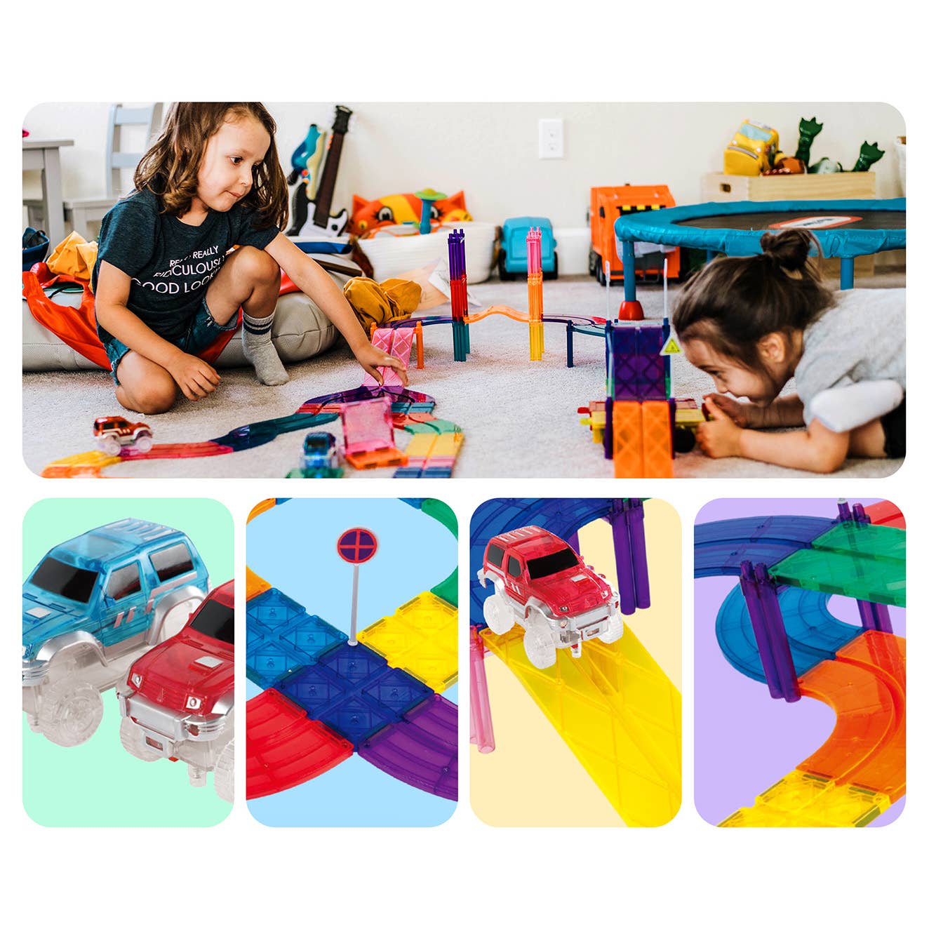 Children playing with colorful toy tracks and cars in a room.
