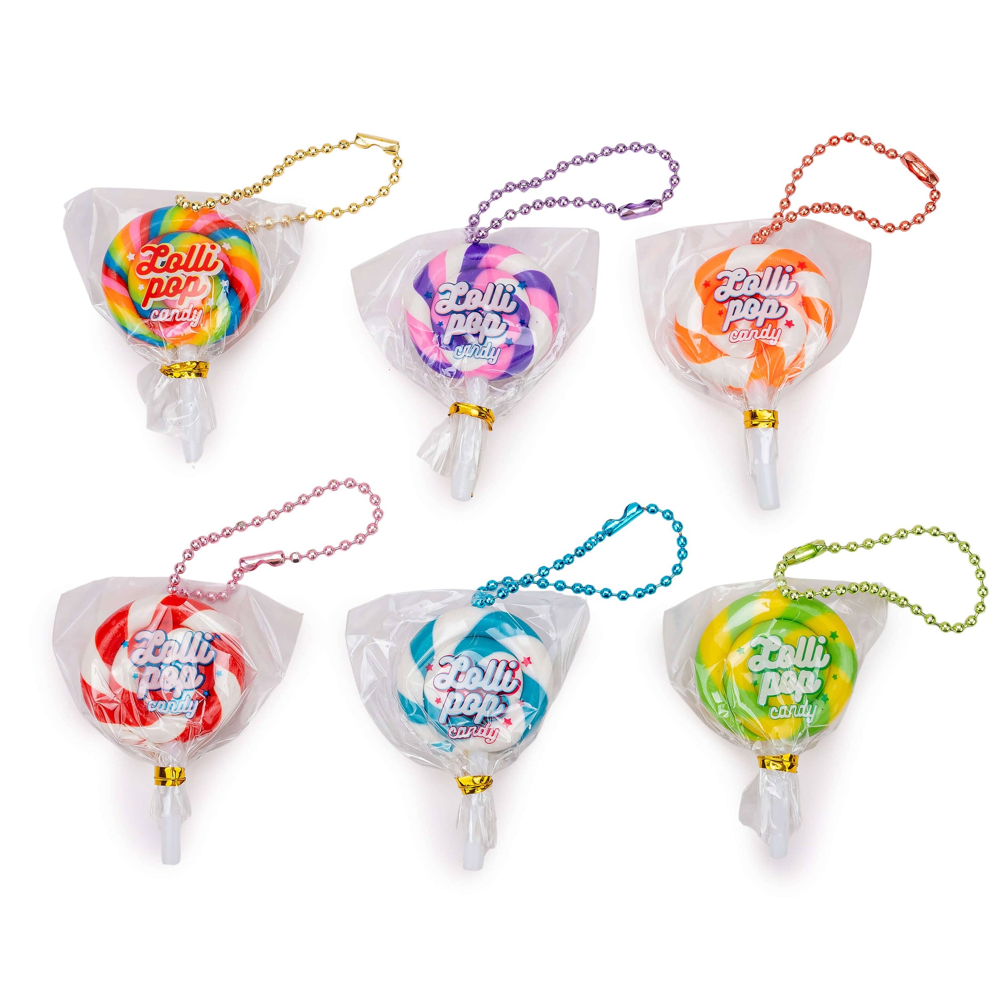 Set of colorful lollipop-shaped keychains with visible brand name on a white background