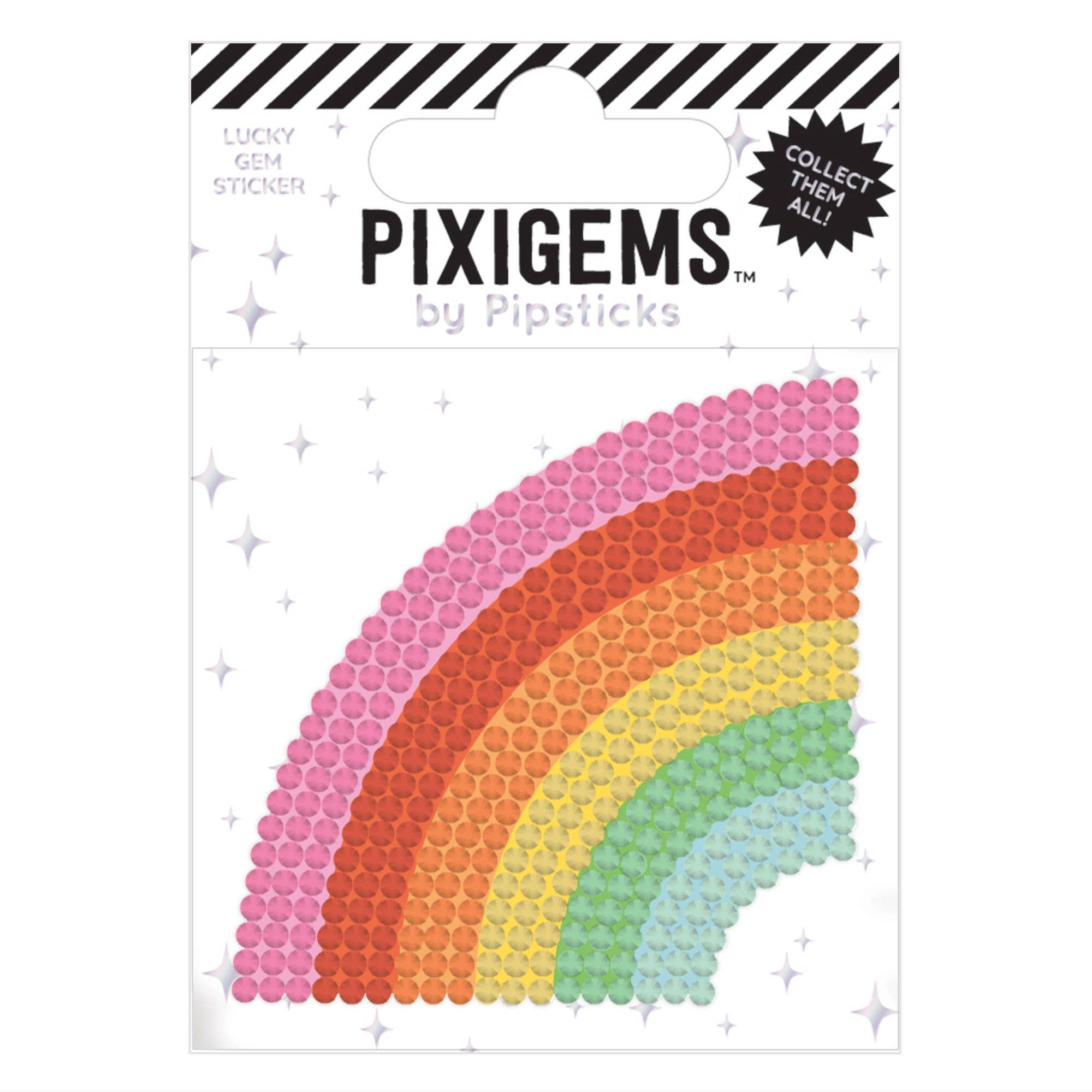 Packaging of Pixigems by Pipsticks with a rainbow design on a white background