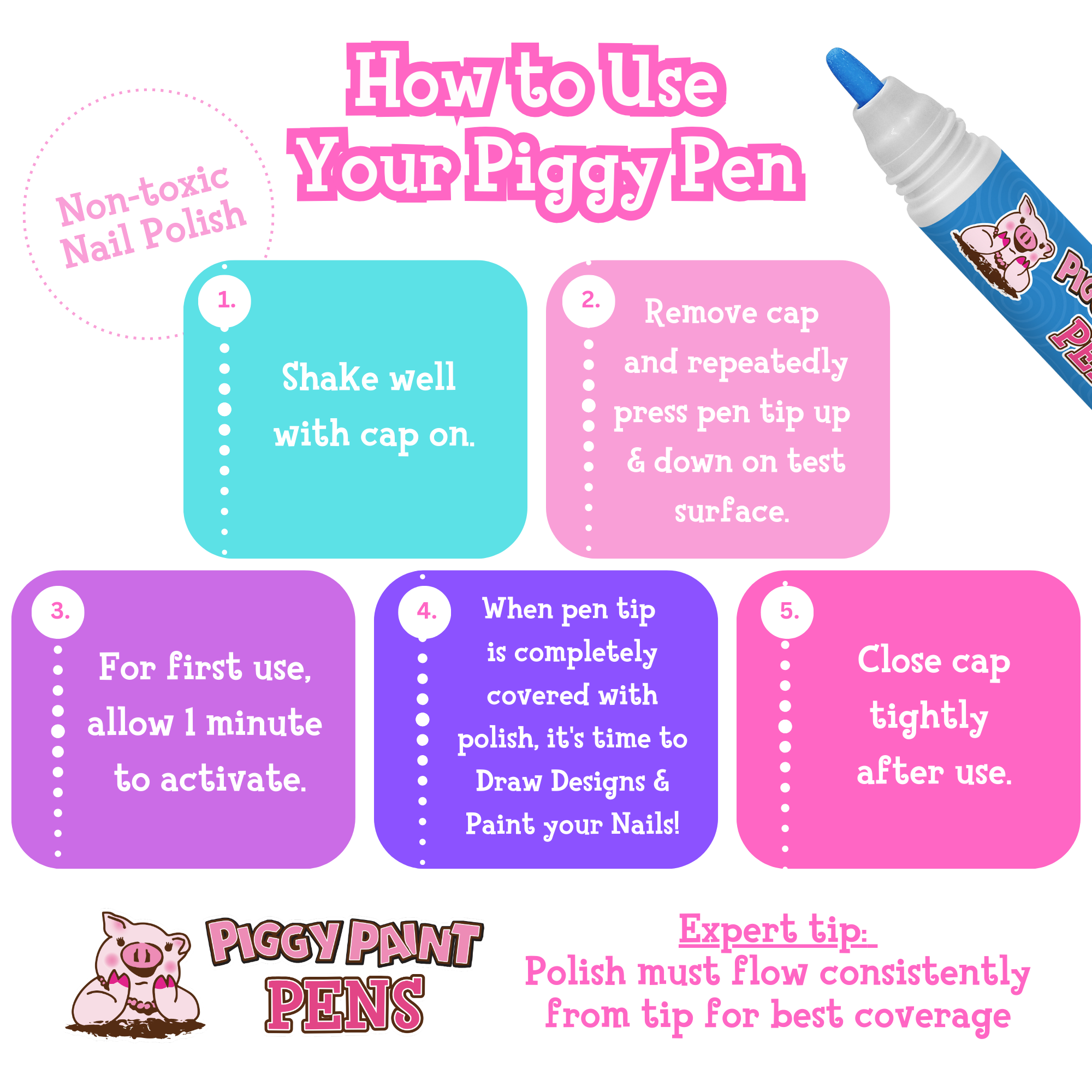 Instructions on how to use Piggy Paint Pens with a pen displayed.