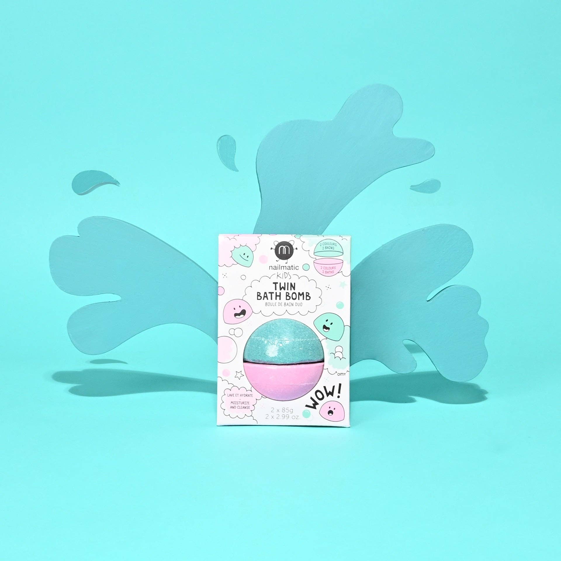 Pack of twin bath bombs with a blue and pink design on a light blue background