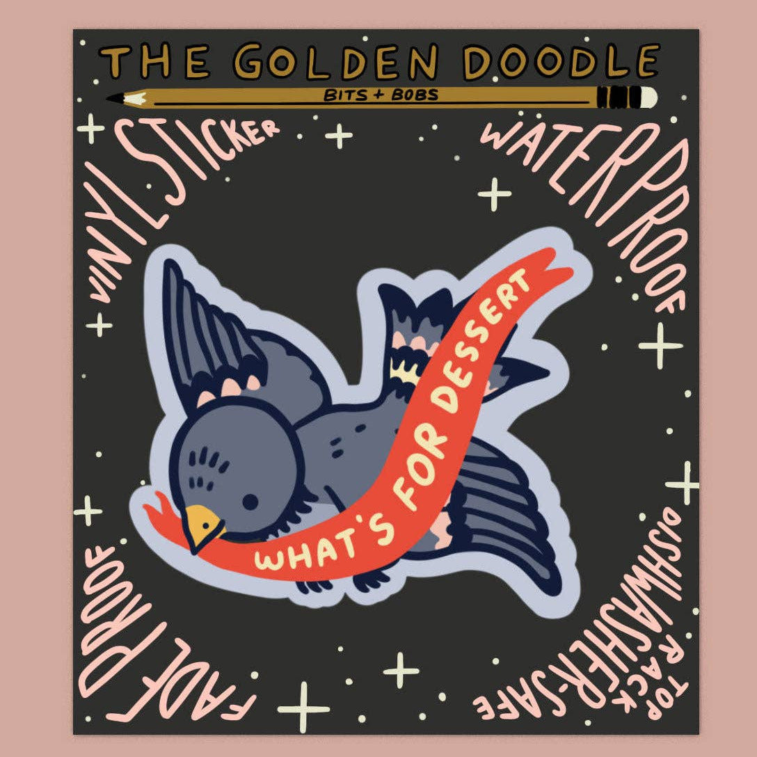 Sticker with a bird design and text on a black background