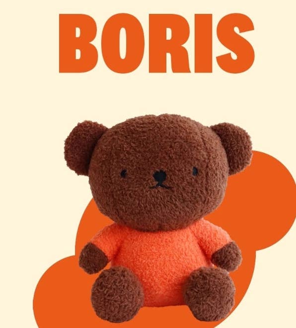 Brown teddy bear with 'BORIS' text on a beige background