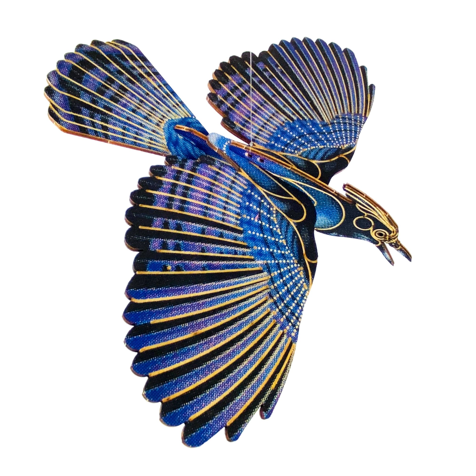 Decorative blue bird with gold accents on a white background