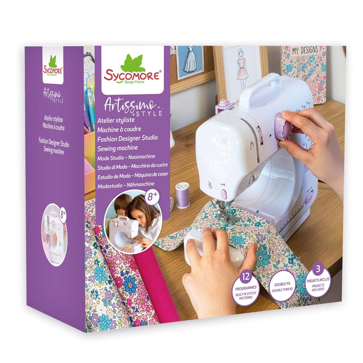 Sycomore sewing machine with packaging and fabric on a white background